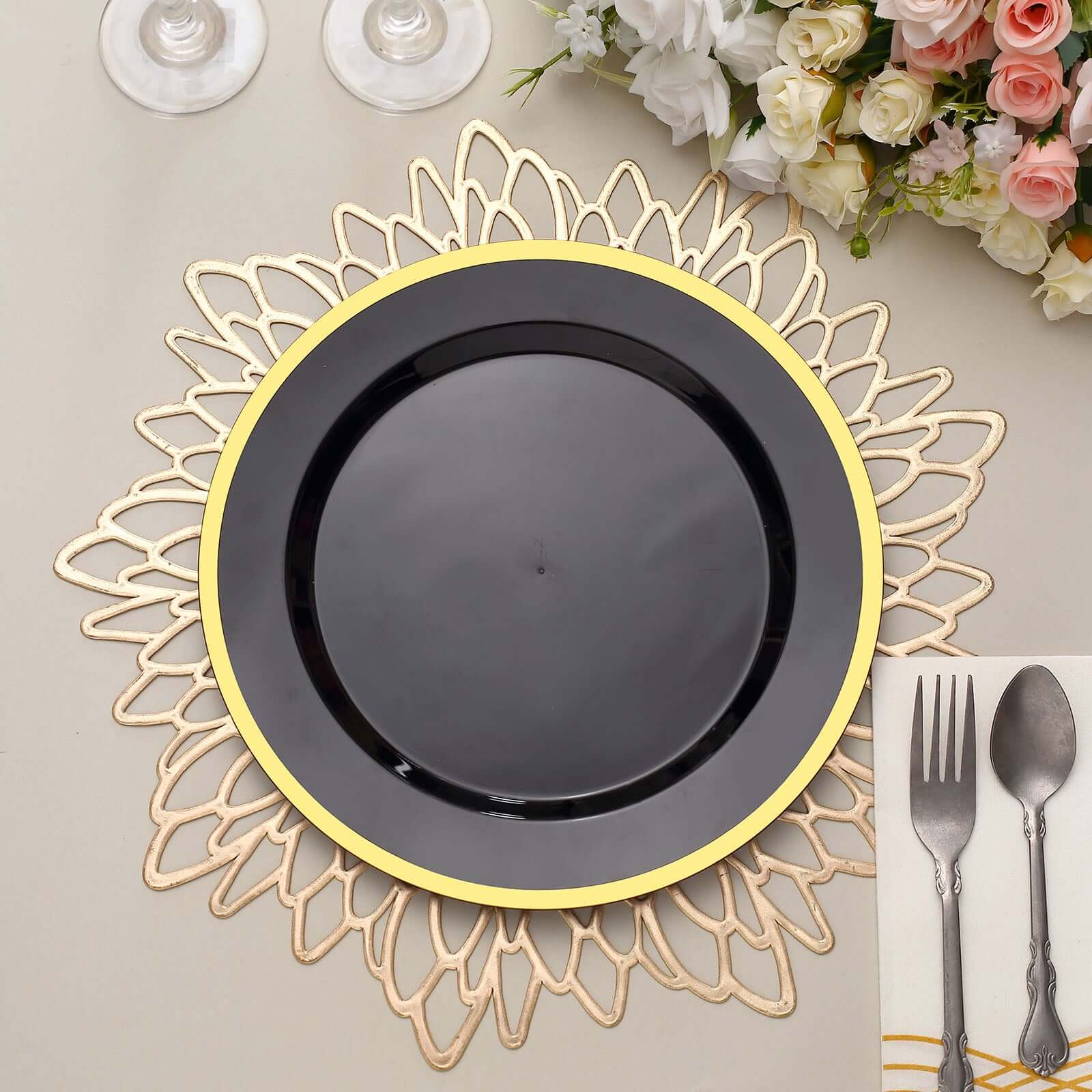 10-Pack Plastic 10 Round Dinner Plates in Black with Gold Rim - Disposable Party Plates for Classy Banquets & Special Occasions