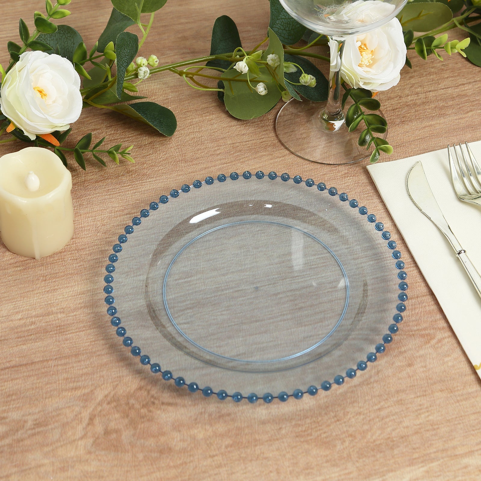 10-Pack Plastic 8 Round Appetizer Dessert Plates in Transparent Dusty Blue with Beaded Rim - Disposable Salad Plates