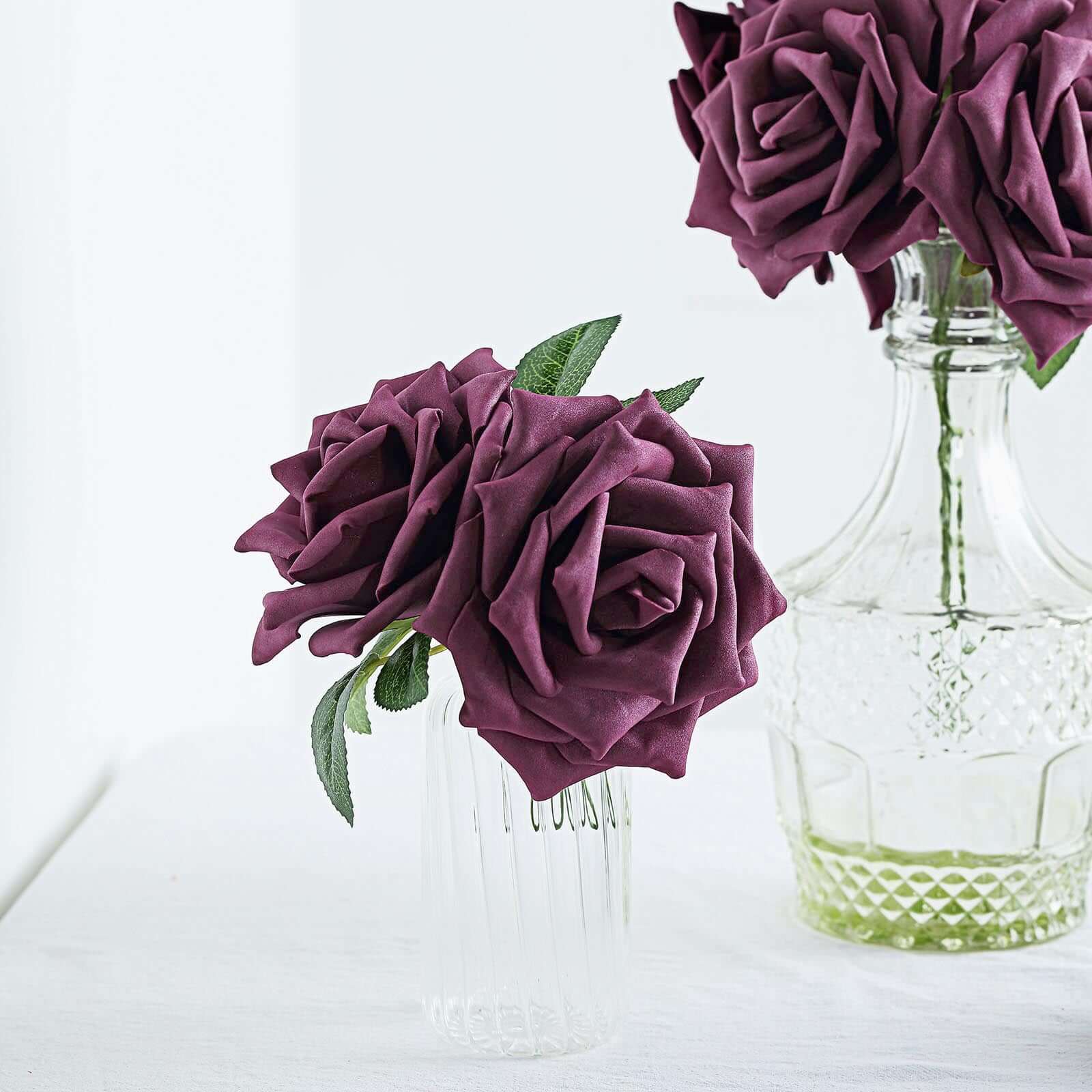 24 Roses 5 Eggplant Artificial Foam Flowers With Stem Wire and Leaves