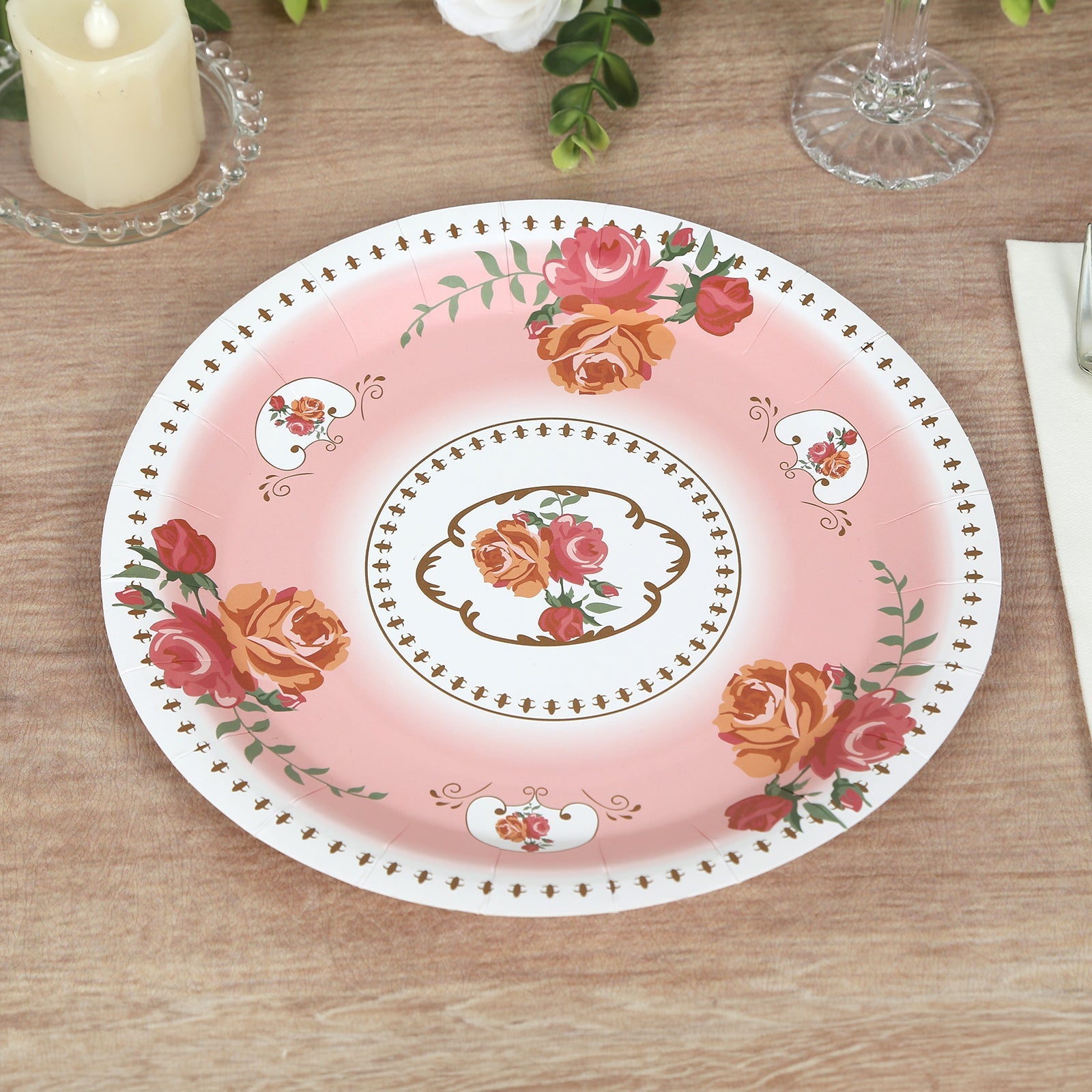 25-Pack Paper 9 Round Dinner Plates in Dusty Rose with Vintage Rose Flower Print - Disposable Plates