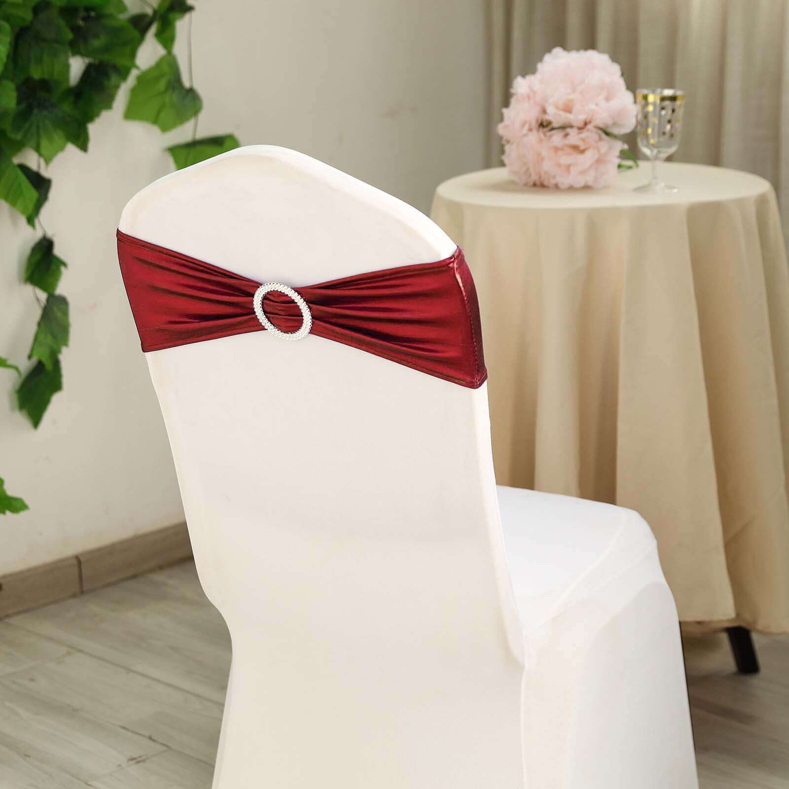 5 Pack Metallic Spandex Chair Sashes Burgundy - Stretch Fit Chair Bands With Round Diamond Buckles