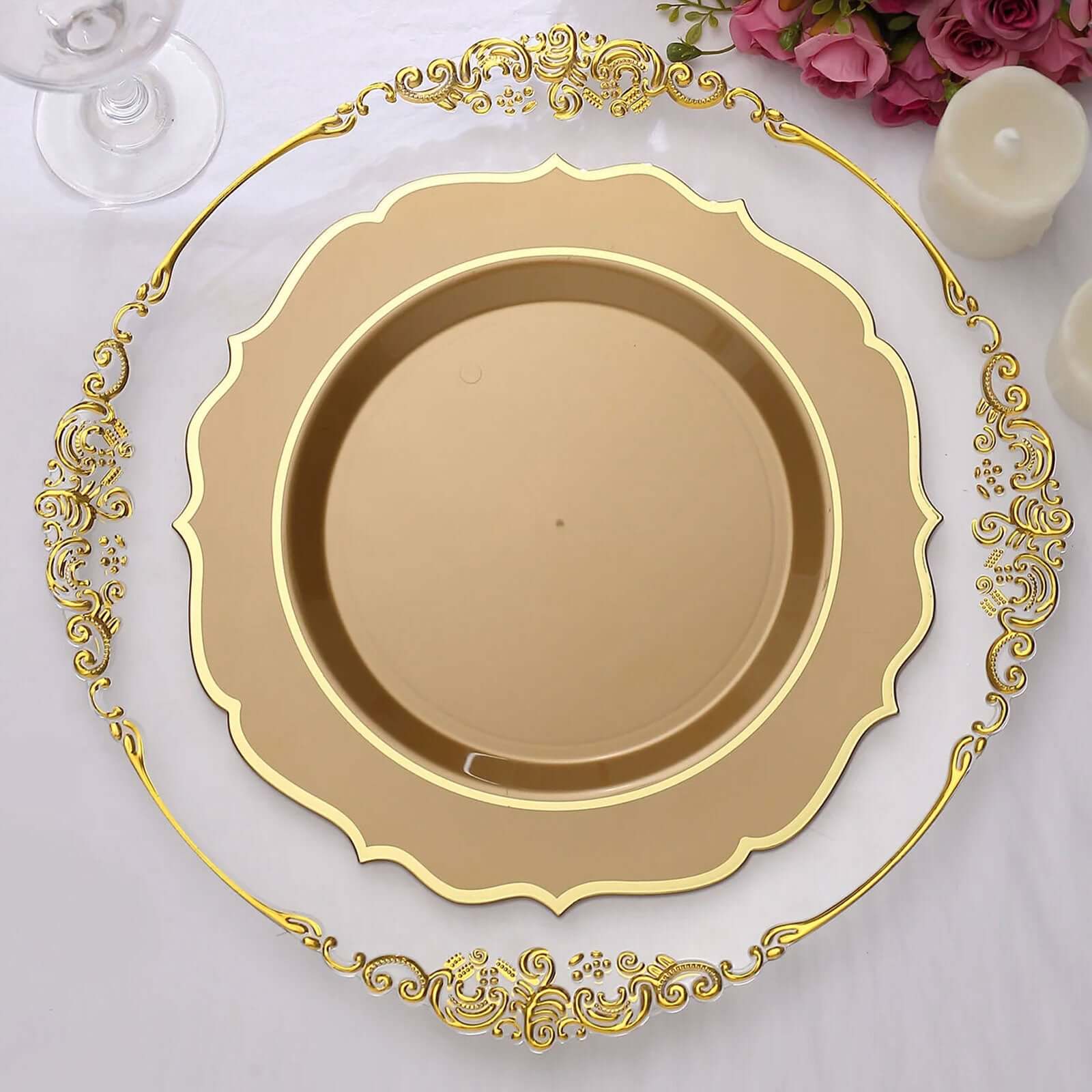 10-Pack Plastic 10 Round Dinner Plates in Gold with Gold Scalloped Rim - Disposable Party Plates