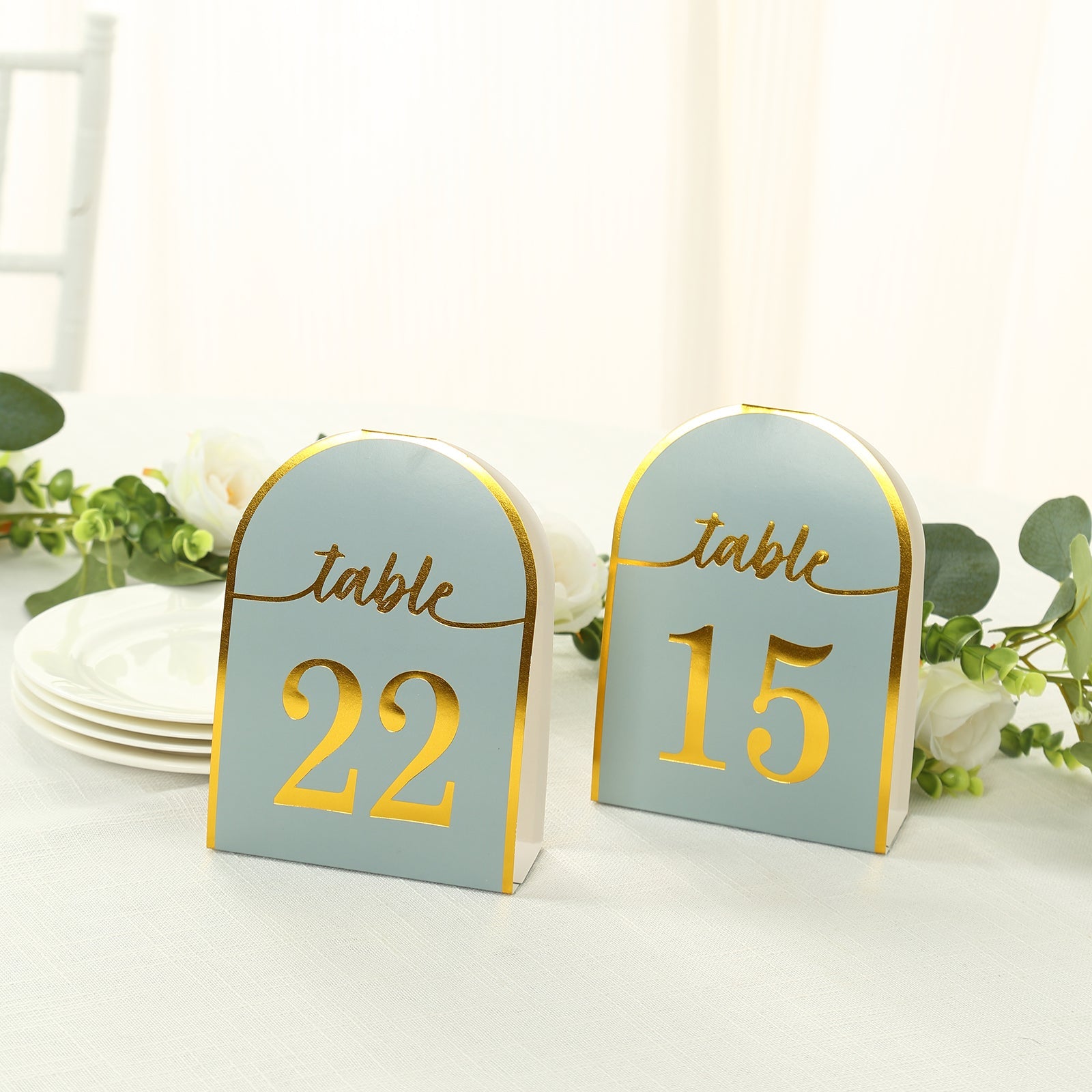 25-Pack Paper Wedding Table Numbers 1-25 Dusty Blue Arch Cutout Design - Sleek & Modern Free Standing Double Sided Table Tent Cards with Metallic Gold Foil Numbers 7