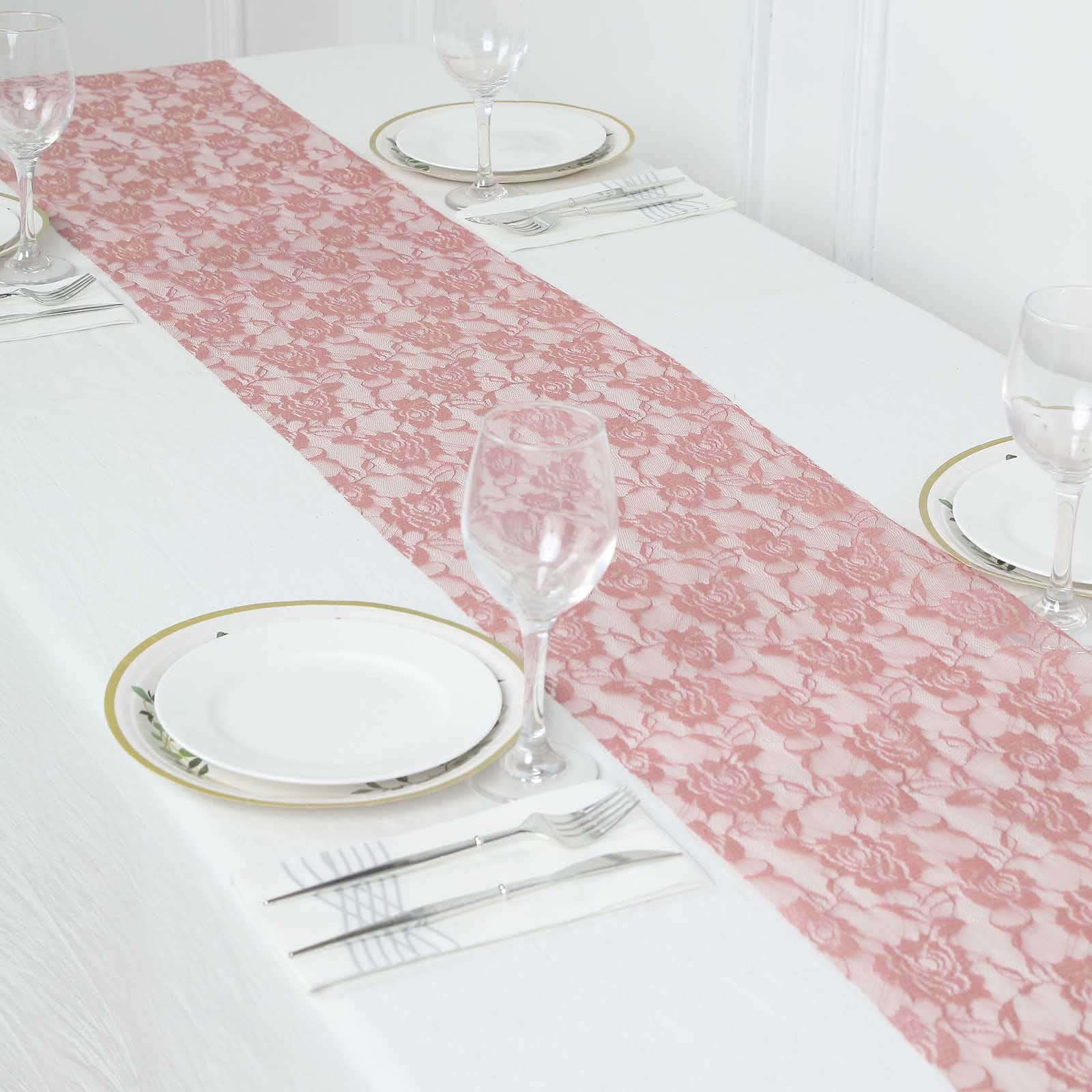 Lace 12x108 Table Runner Dusty Rose - Vintage Rose Pattern Table Decor