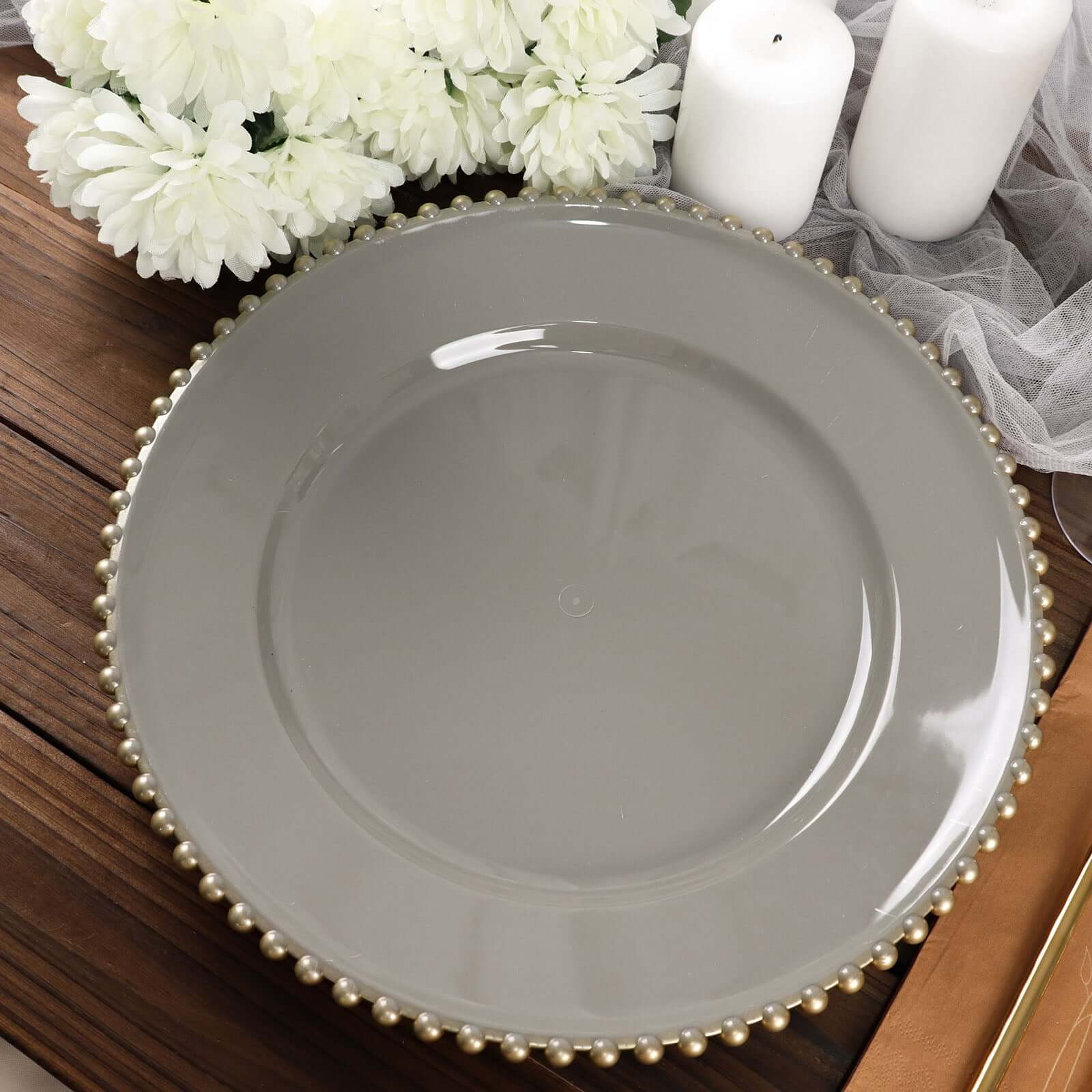 6-Pack Acrylic Round Charger Plates 13 in Charcoal Gray with Gold Beaded Rim, Decorative Dinner Party Charger Tableware