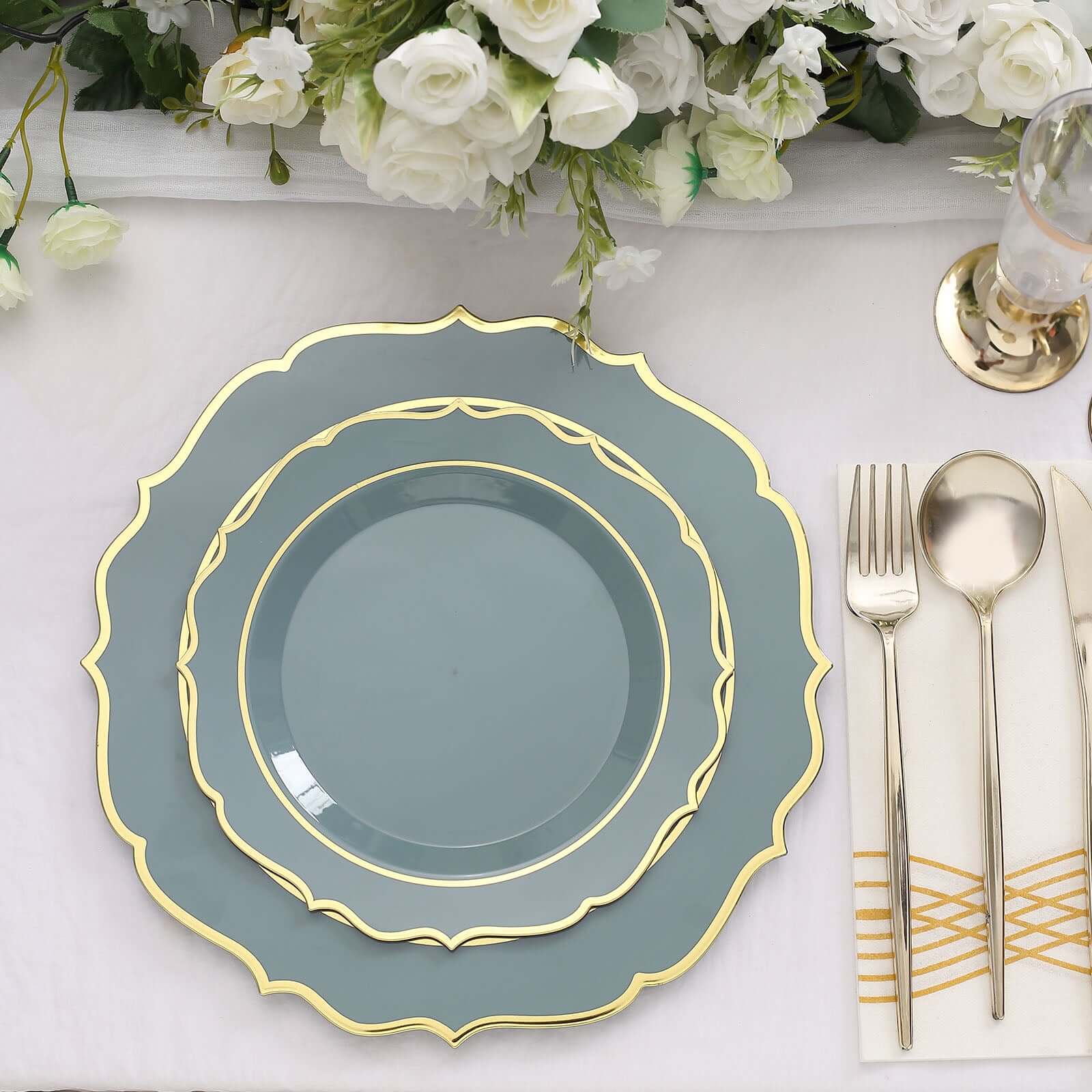 10-Pack Plastic 10 Round Dinner Plates in Dusty Blue with Gold Scalloped Rim - Disposable Party Plates