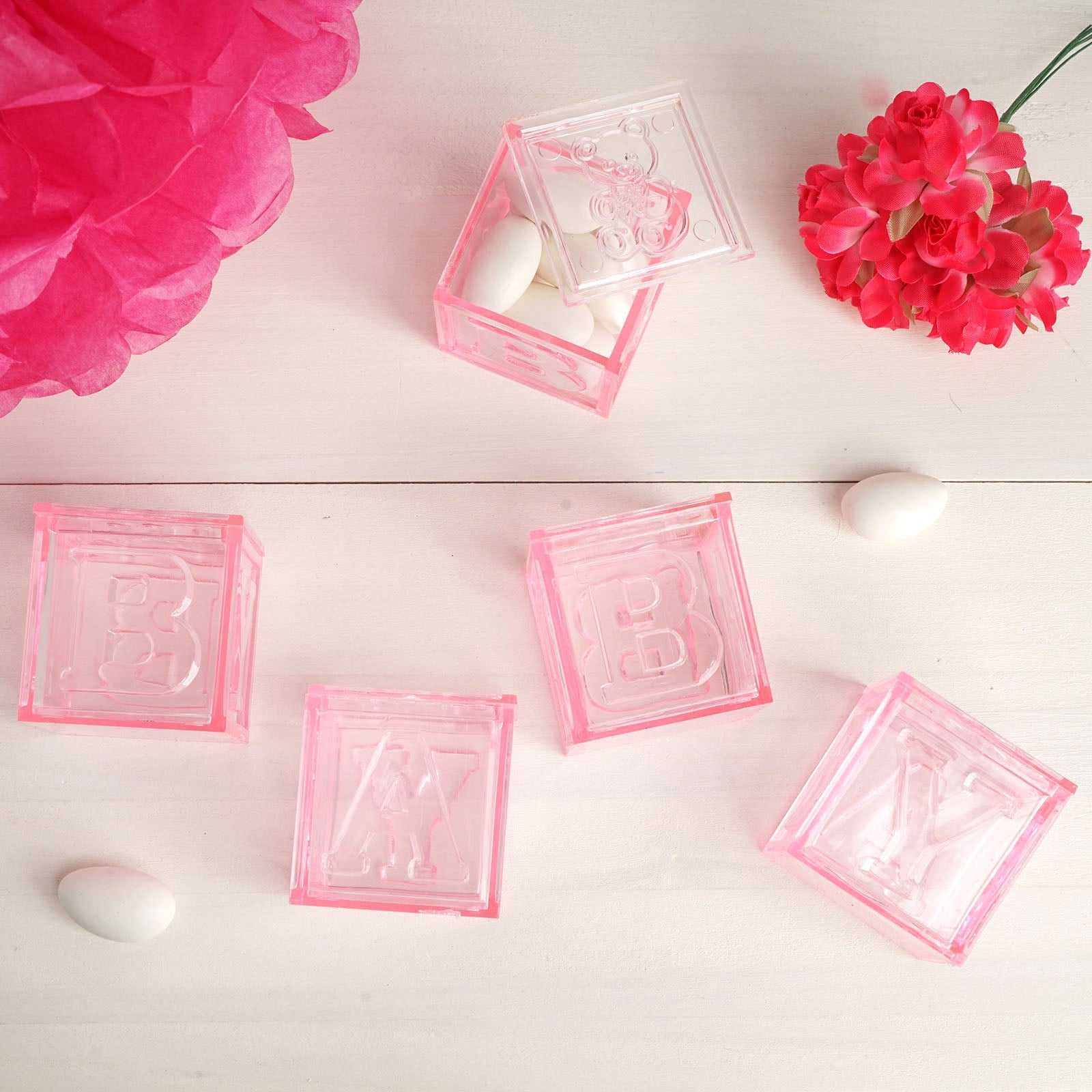 12 Pack 2 Pink Fillable Plastic Baby Shower Candy Gift Boxes, Transparent Baby Blocks Favor Boxes