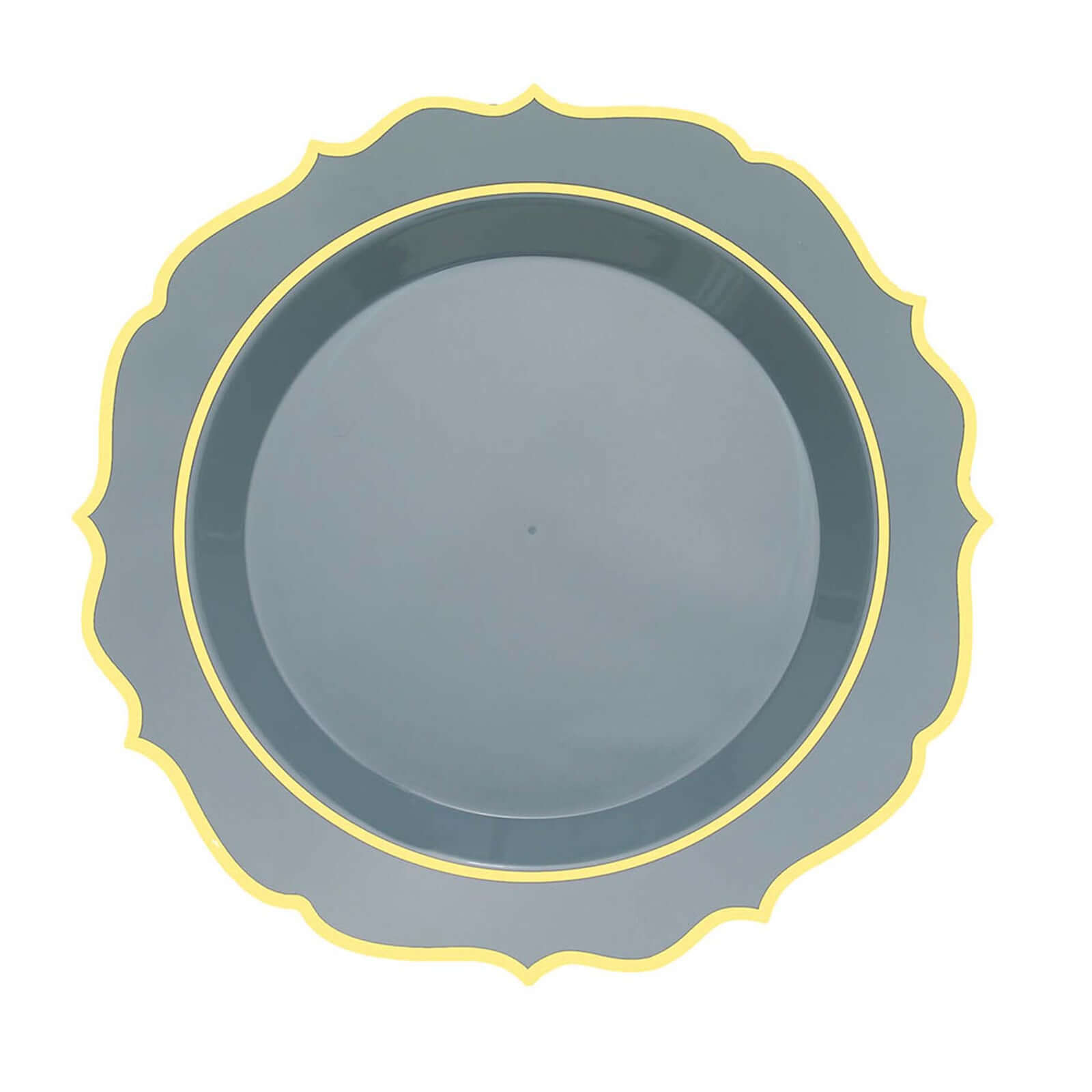 10-Pack Plastic 10 Round Dinner Plates in Dusty Blue with Gold Scalloped Rim - Disposable Party Plates