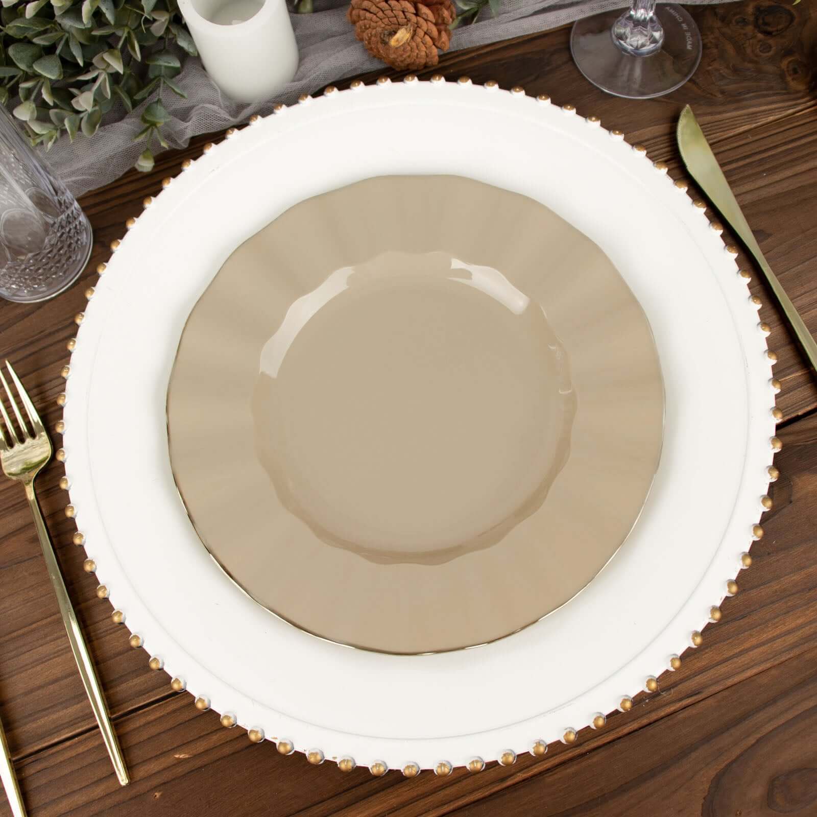 10-Pack Plastic 9 Round Dinner Plates in Taupe Ruffled Rim with Gold Edging - Sturdy Disposable Dinnerware