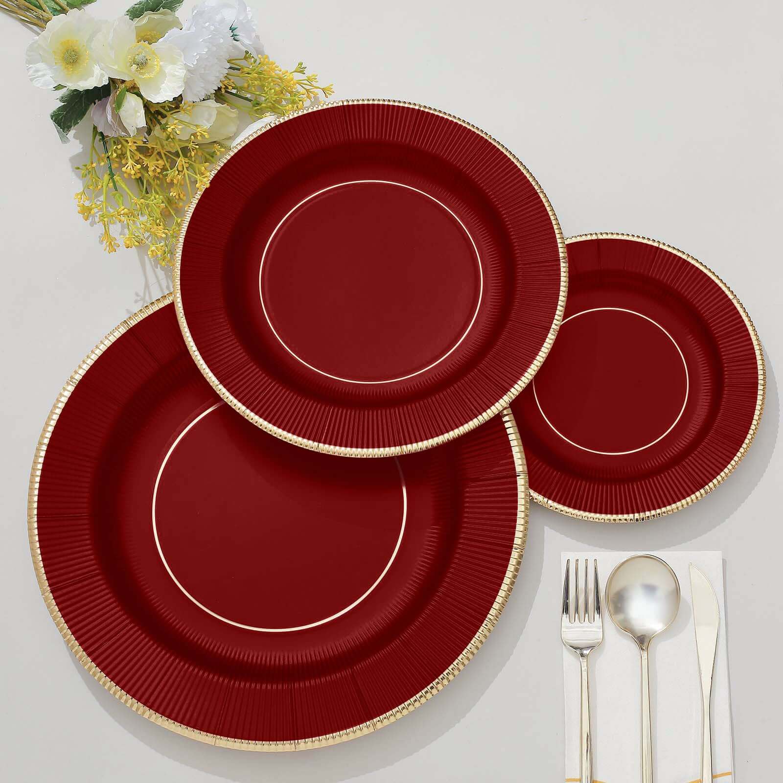 25-Pack Paper 8 Round Dessert Plates in Burgundy Sunray Design with Gold Rim - Disposable Heavy Duty 350GSM Appetizer Salad Plates