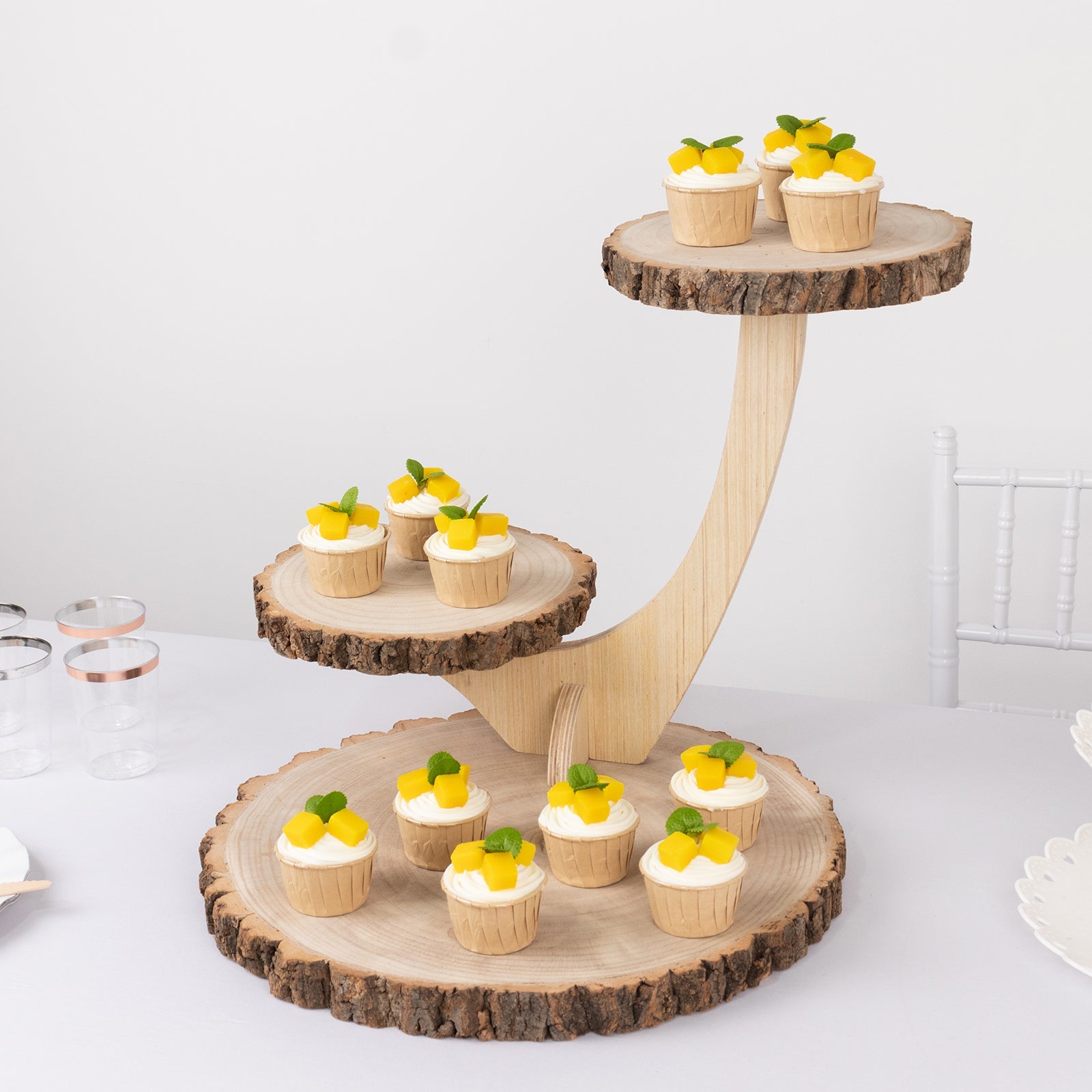 3-Tier Wooden Cupcake Stand Rustic Natural Wood Slice with Tree Branch Style - Farmhouse Dessert Display Cake Holder 17