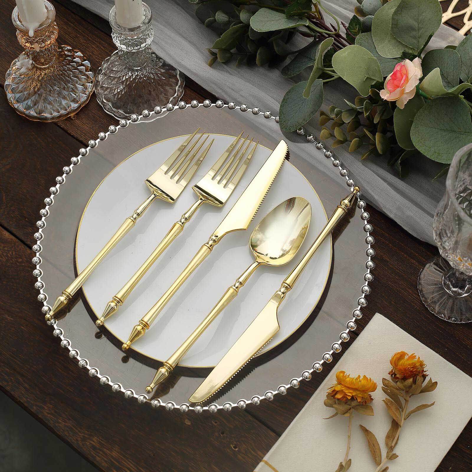 24-Pack Plastic Utensil Set with Roman Column Handle Gold - Disposable Silverware for Events