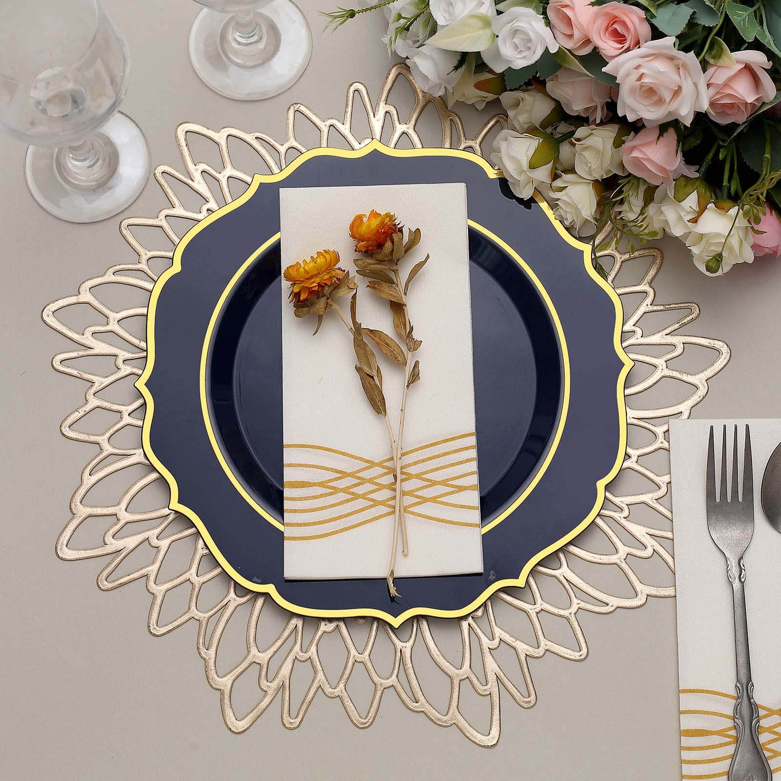 10-Pack Plastic 10 Round Dinner Plates in Navy Blue with Gold Scalloped Rim - Disposable Party Plates