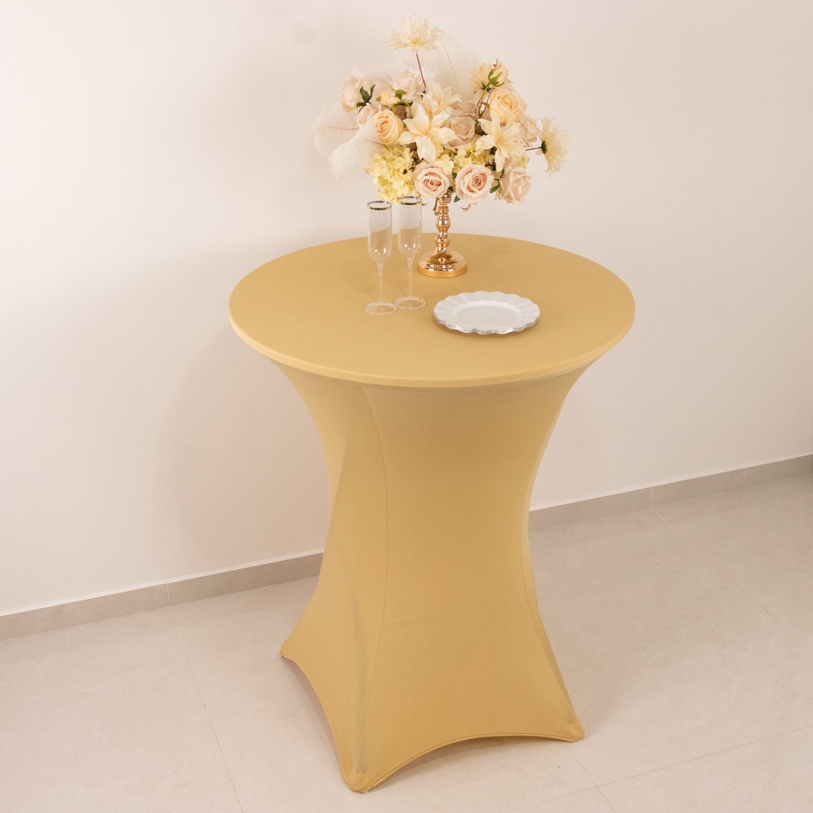 Spandex 33-36 Round Cocktail Table Cover Champagne - Easy to Maintain Stretch Fitted Highboy Tablecloth