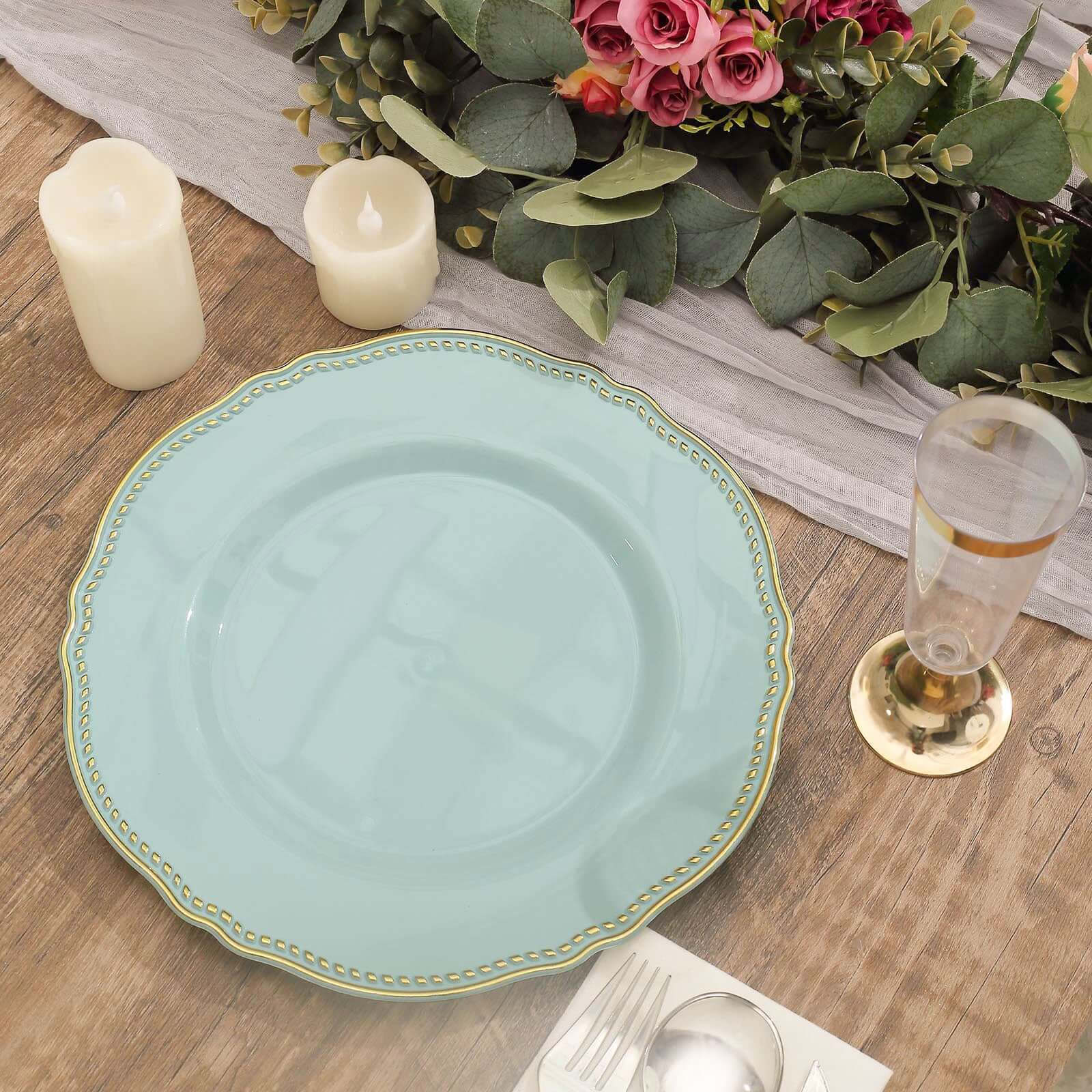 10-Pack Plastic 10 Dinner Plates in Jade with Gold Scalloped Rim - Disposable Large Party Plates