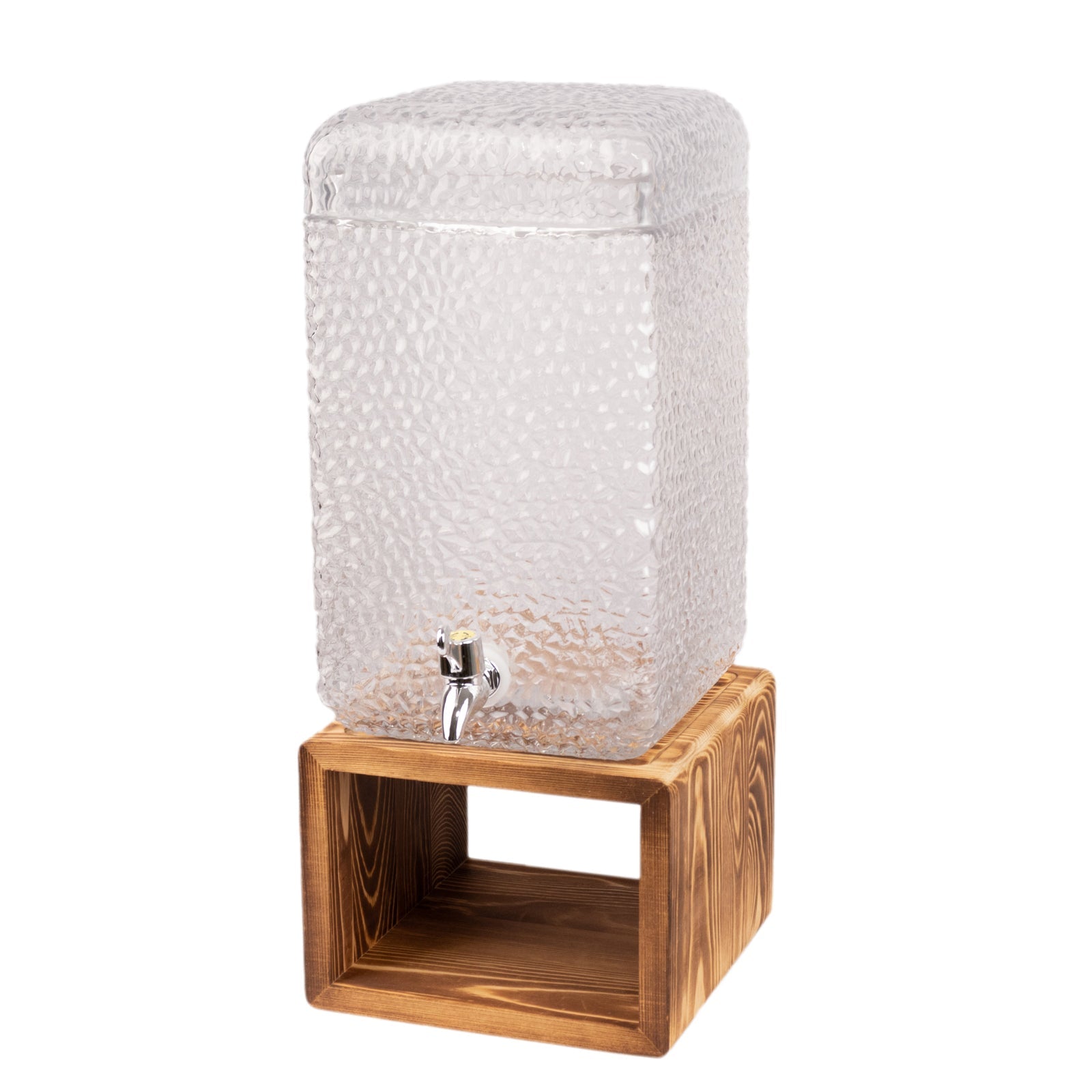 Gallon Clear Hammered Glass Beverage Dispenser, Rectangular Juice Jar with Wooden Stand and Lid - Lead-Free Countertop Feature 19