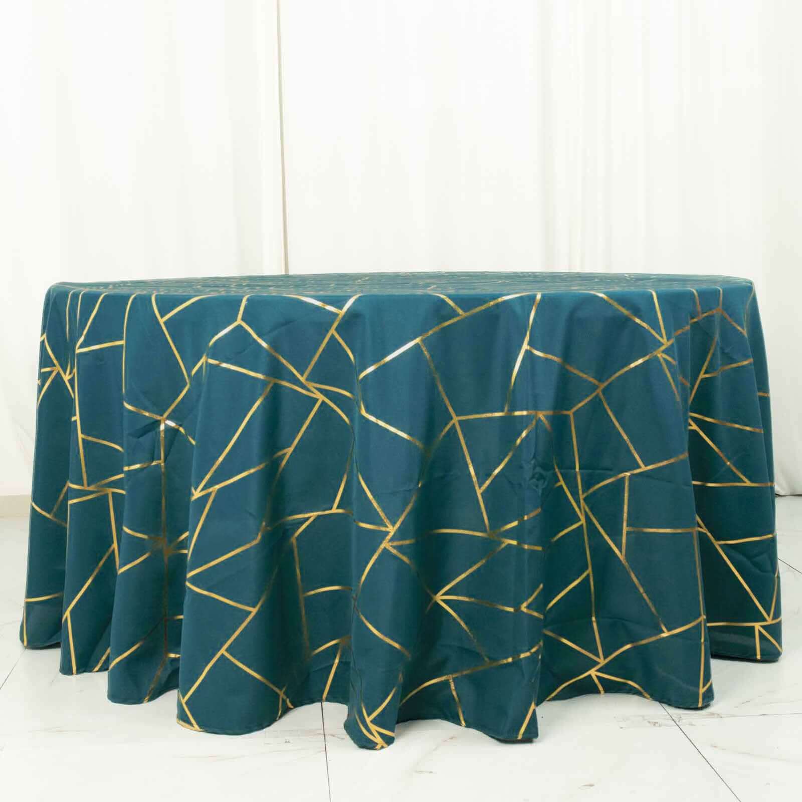 120 Peacock Teal Seamless Round Polyester Tablecloth With Gold Foil Geometric Pattern for 5 Foot Table With Floor-Length Drop