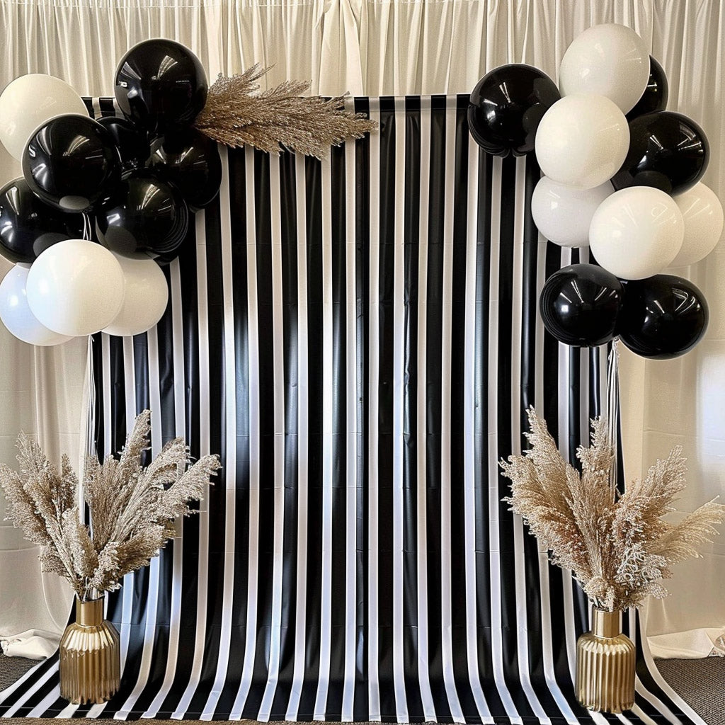 Black White Striped Satin Backdrop Curtain Drapery, Glossy Event Photography Background Room Divider Curtain Panel - 8ftx10ft