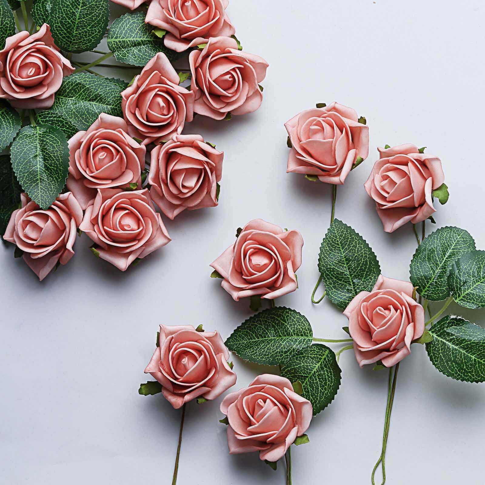 24 Roses 2 Dusty Rose Artificial Foam Flowers With Stem Wire and Leaves