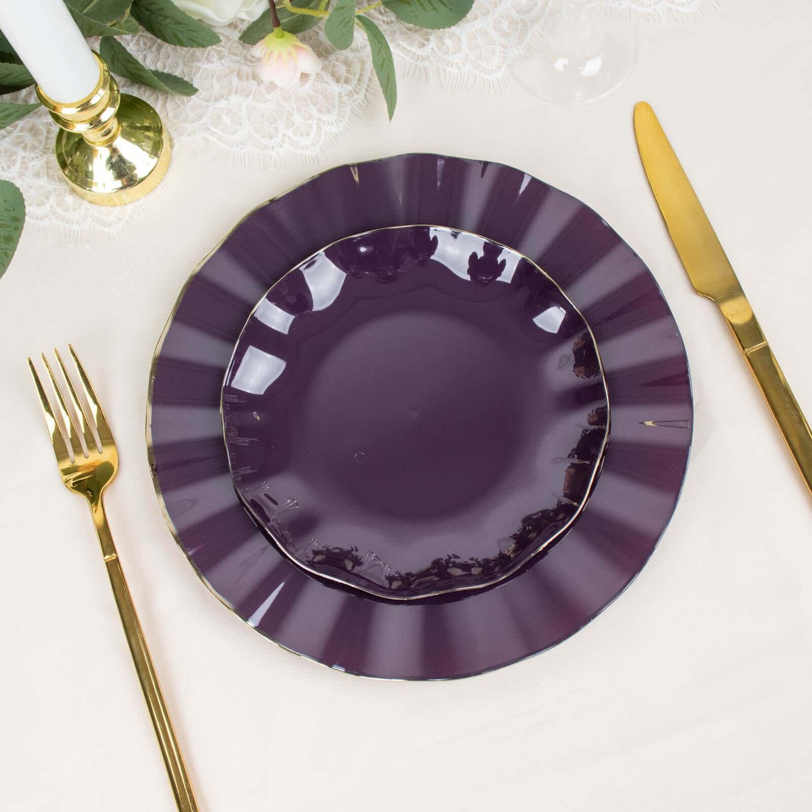 10-Pack Plastic Round 6 Dessert Plates in Purple Ruffled Rim with Gold Edging - Sturdy Disposable Salad Appetizer Dinnerware