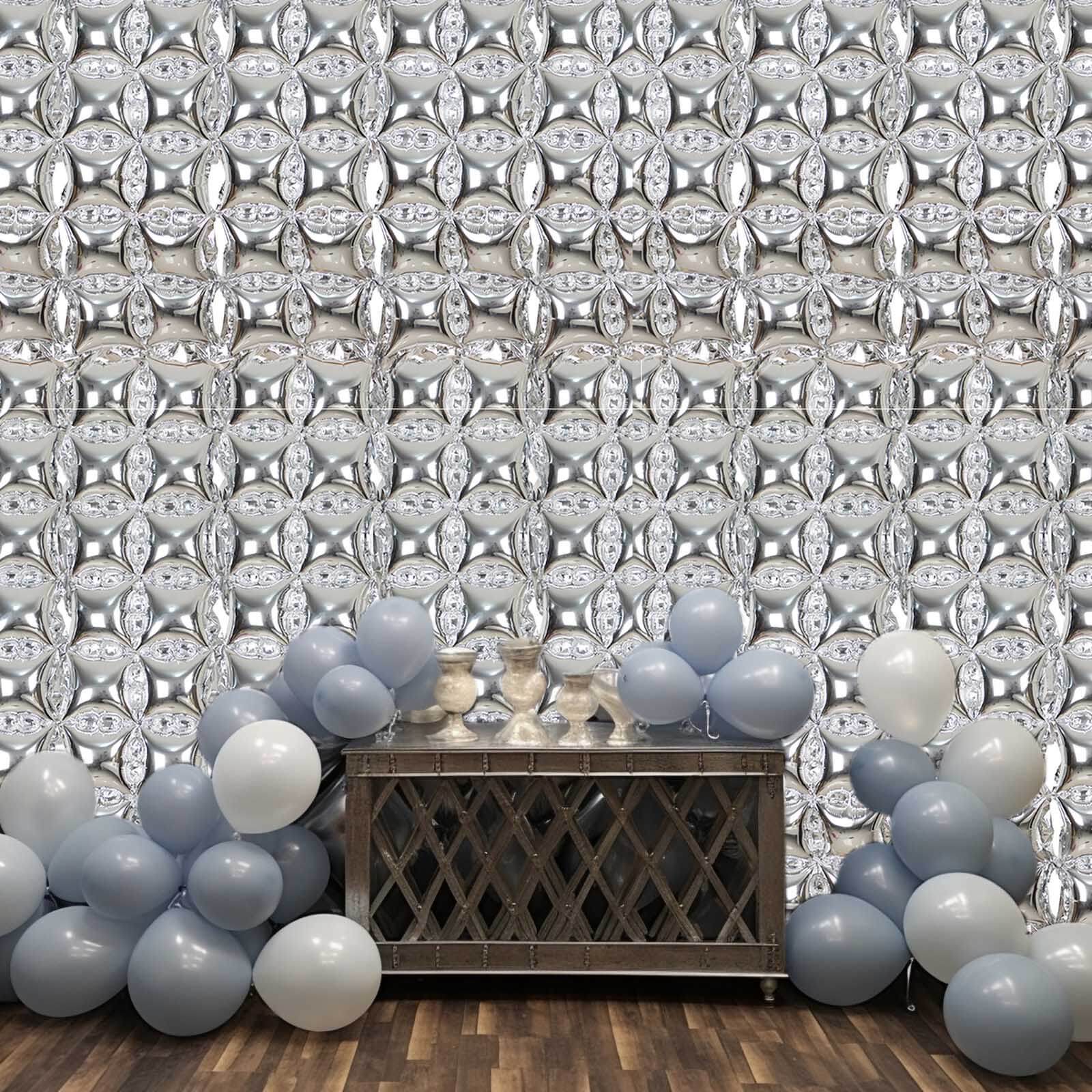 10 Pack Metallic Silver Double Row Mylar Foil Balloon Wall, Square Diamond Design Balloon Backdrop - 43x11