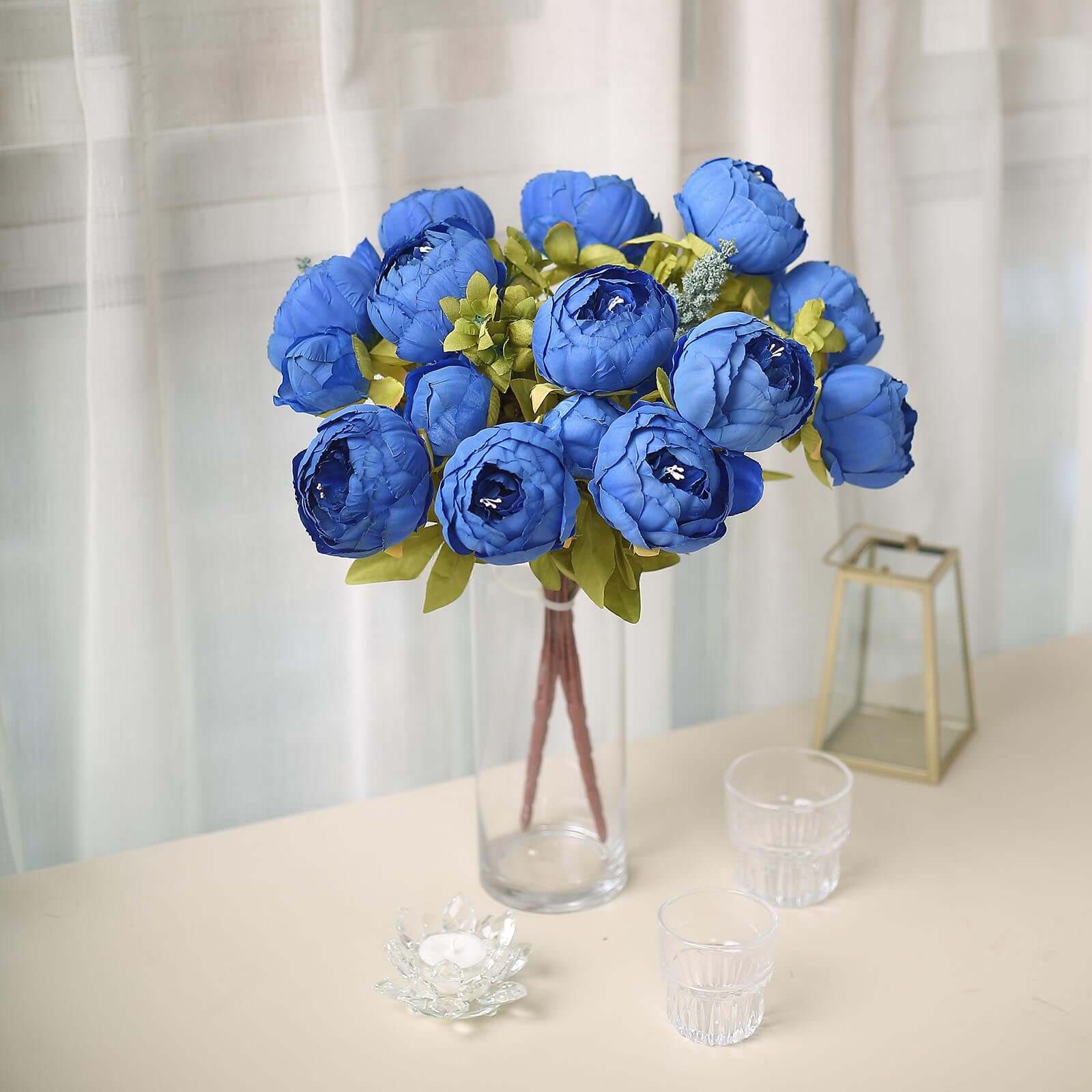 2 Pack 19 Royal Blue Artificial Peony Flower Wedding Bouquets, Faux Silk Flower Arrangements