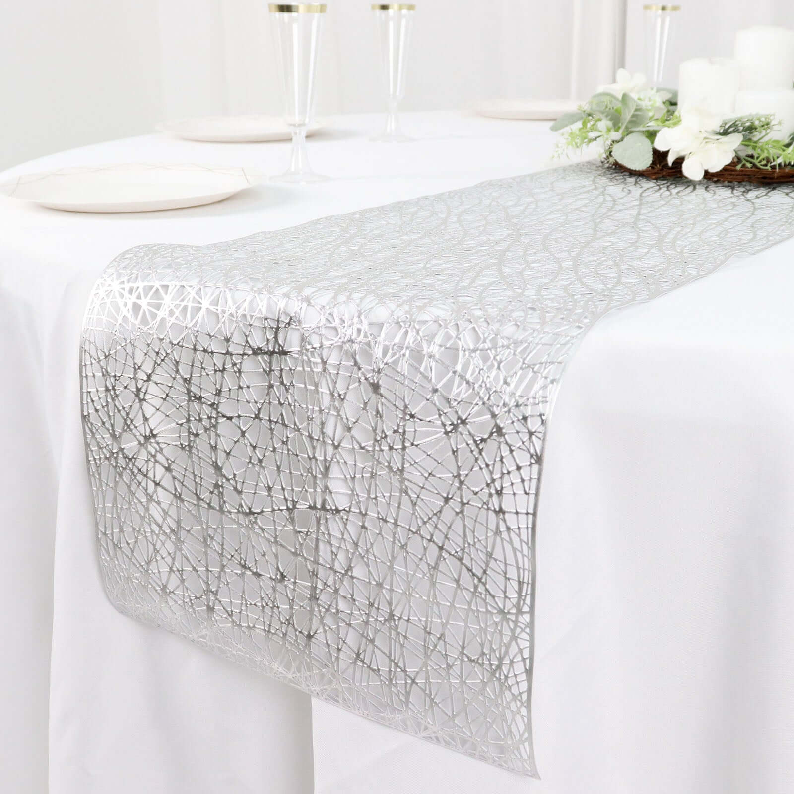 Plastic Woven Vinyl 13x6ft Table Runner Metallic Silver - Non-Slip & Reversible Tabletop Decor