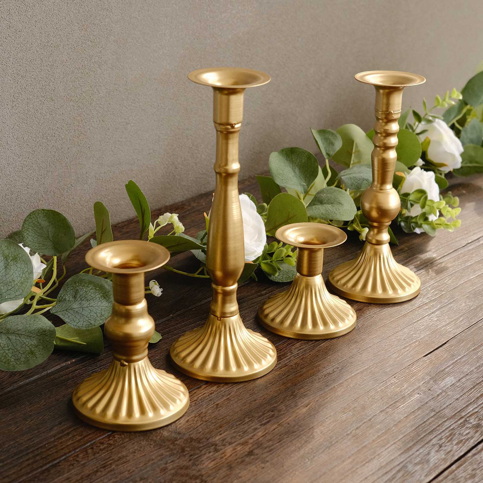 Set of 4 Taper Candle Holders Gold Baroque Metal Vintage Design - Wedding Centerpieces Decorative Stands 3, 5, 8, 9