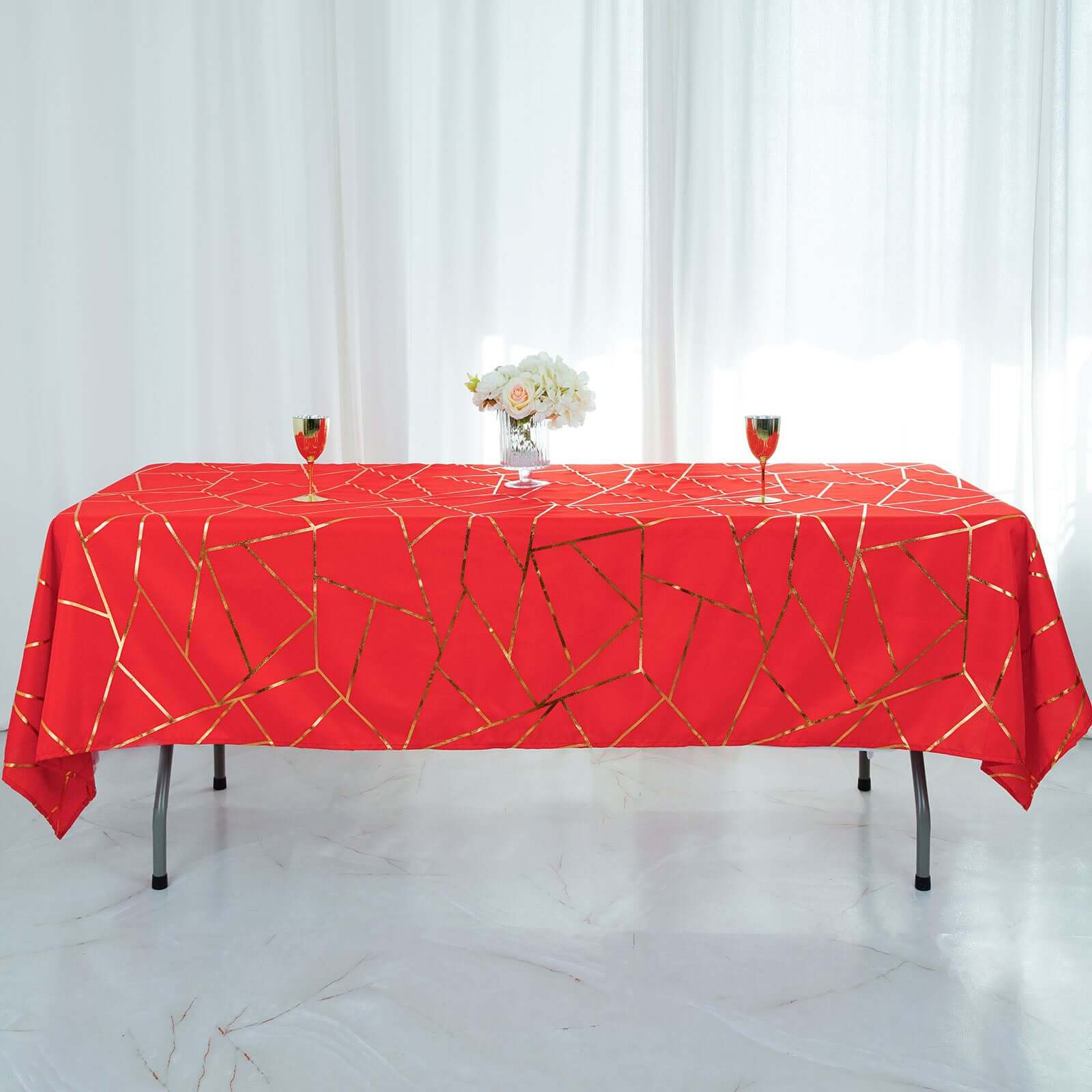 Polyester 60x102 Rectangle Tablecloth Red with Gold Foil Geometric Pattern - Wrinkle-Resistant & Durable Table Cover