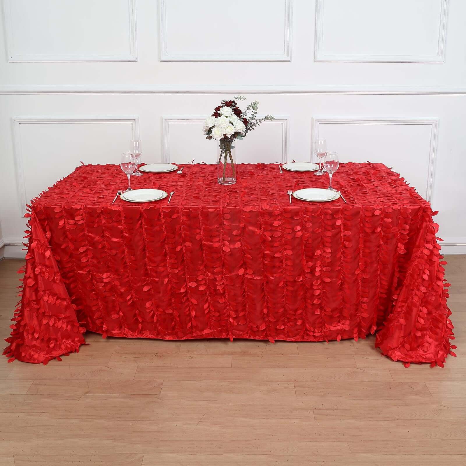 Taffeta 90x132 Rectangle Tablecloth Red | 3D Leaf Petal Design Seamless Table Cover