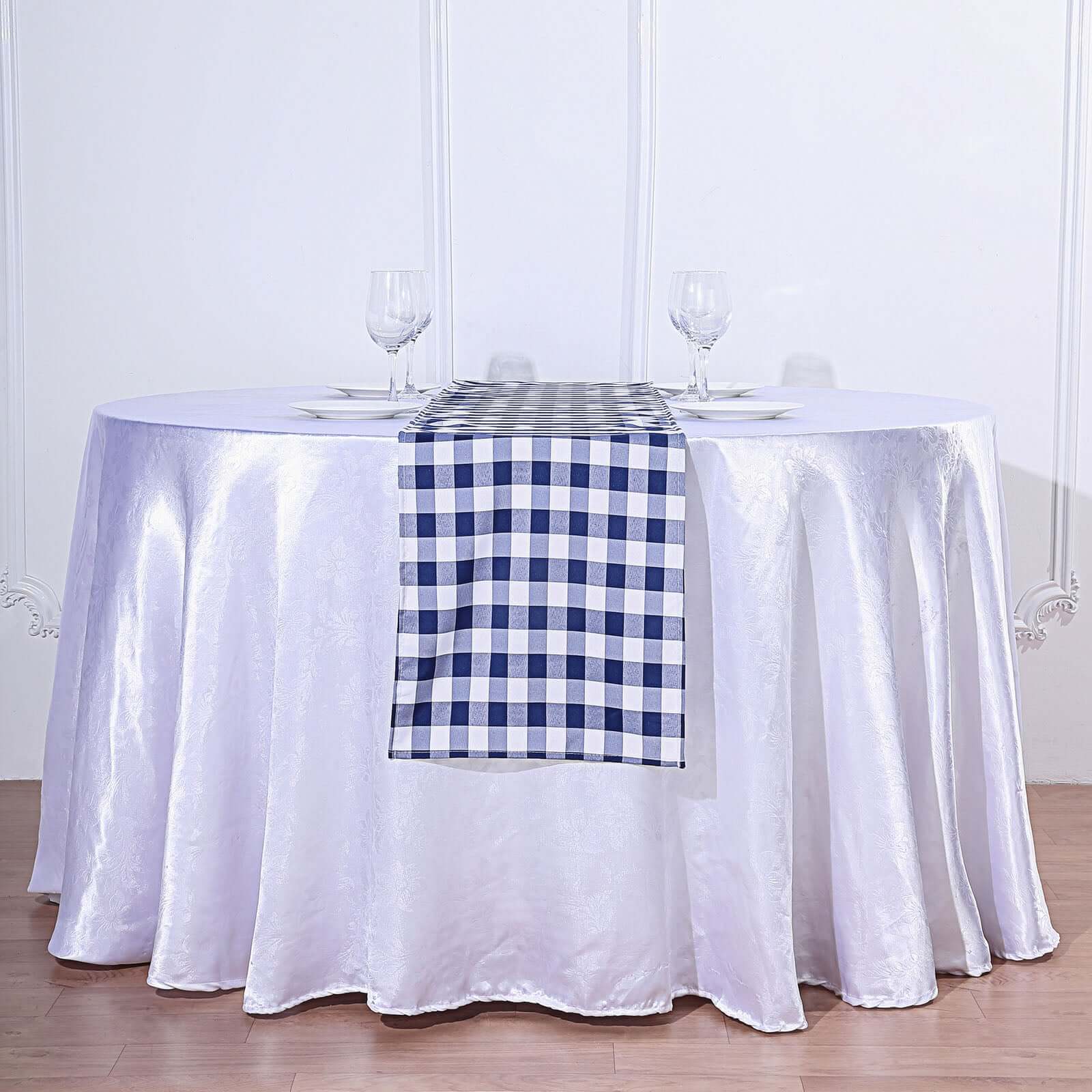 Polyester 14x108 Table Runner Navy Blue/White - Gingham Plaid Design