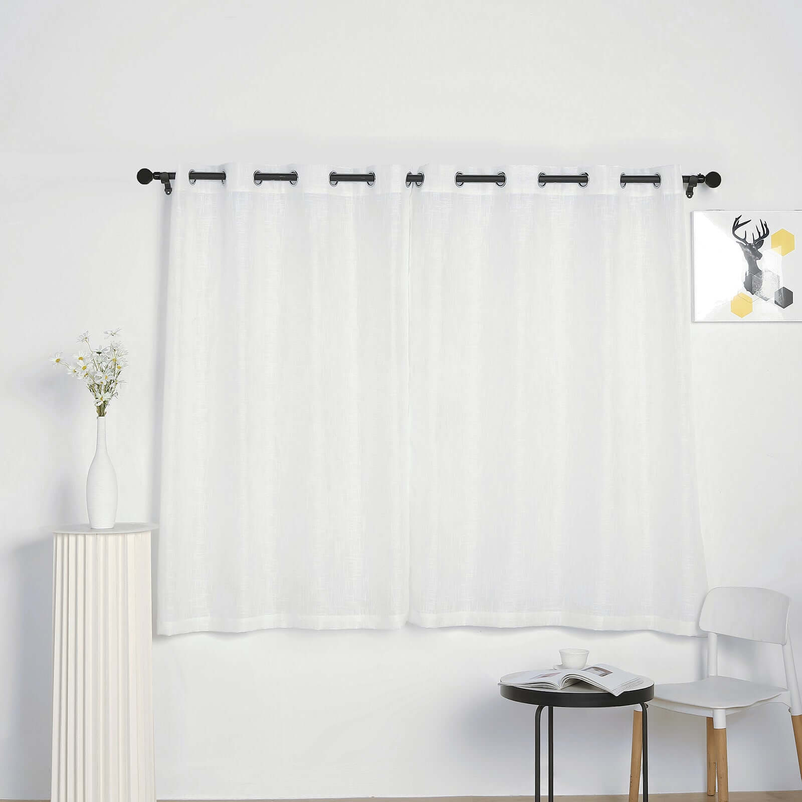 2 Pack Handmade White Faux Linen Curtains 52x64, Curtain Panels With Chrome Grommets