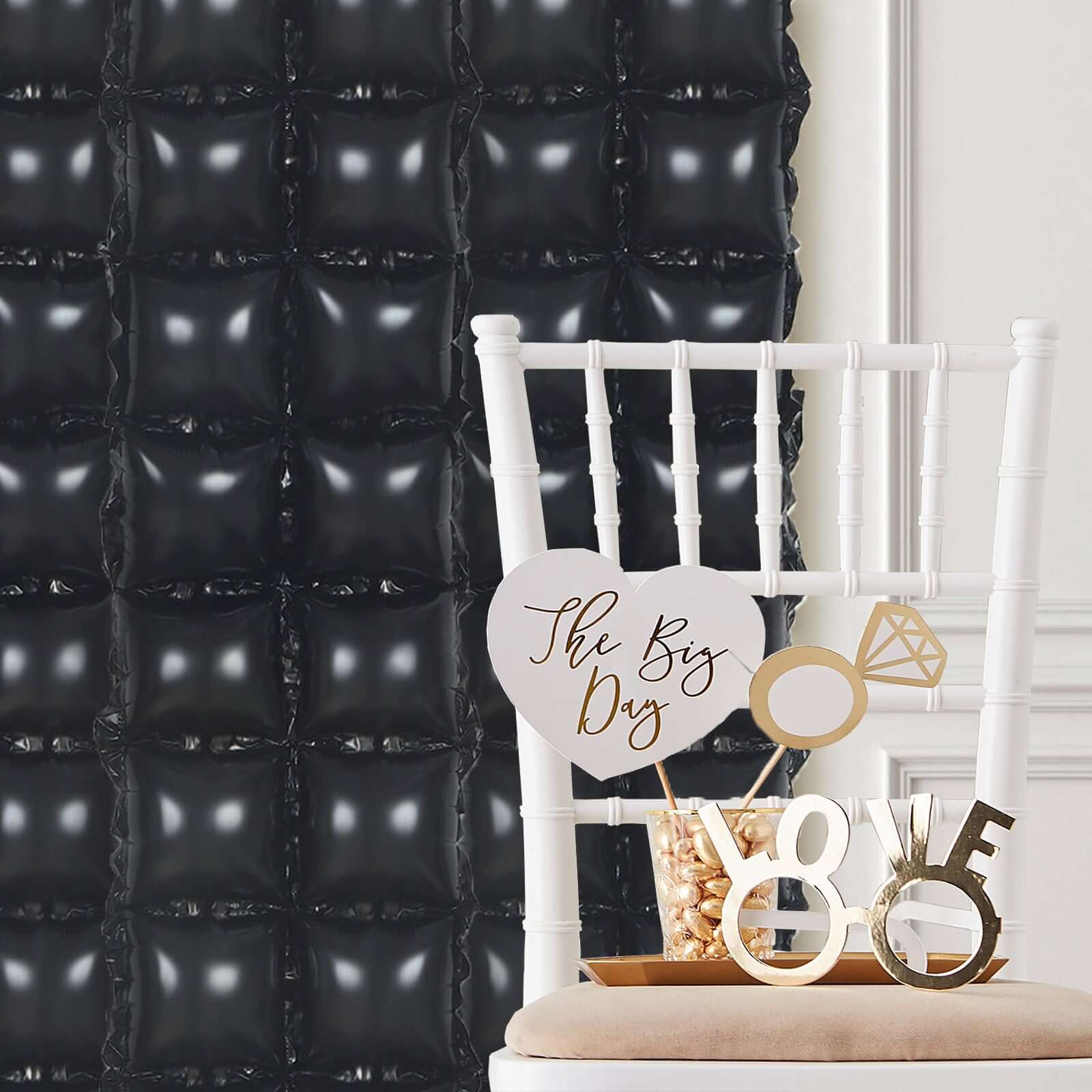 10 Pack Metallic Black Double Row Mylar Foil Balloon Wall, Square Diamond Design Balloon Backdrop - 43x11