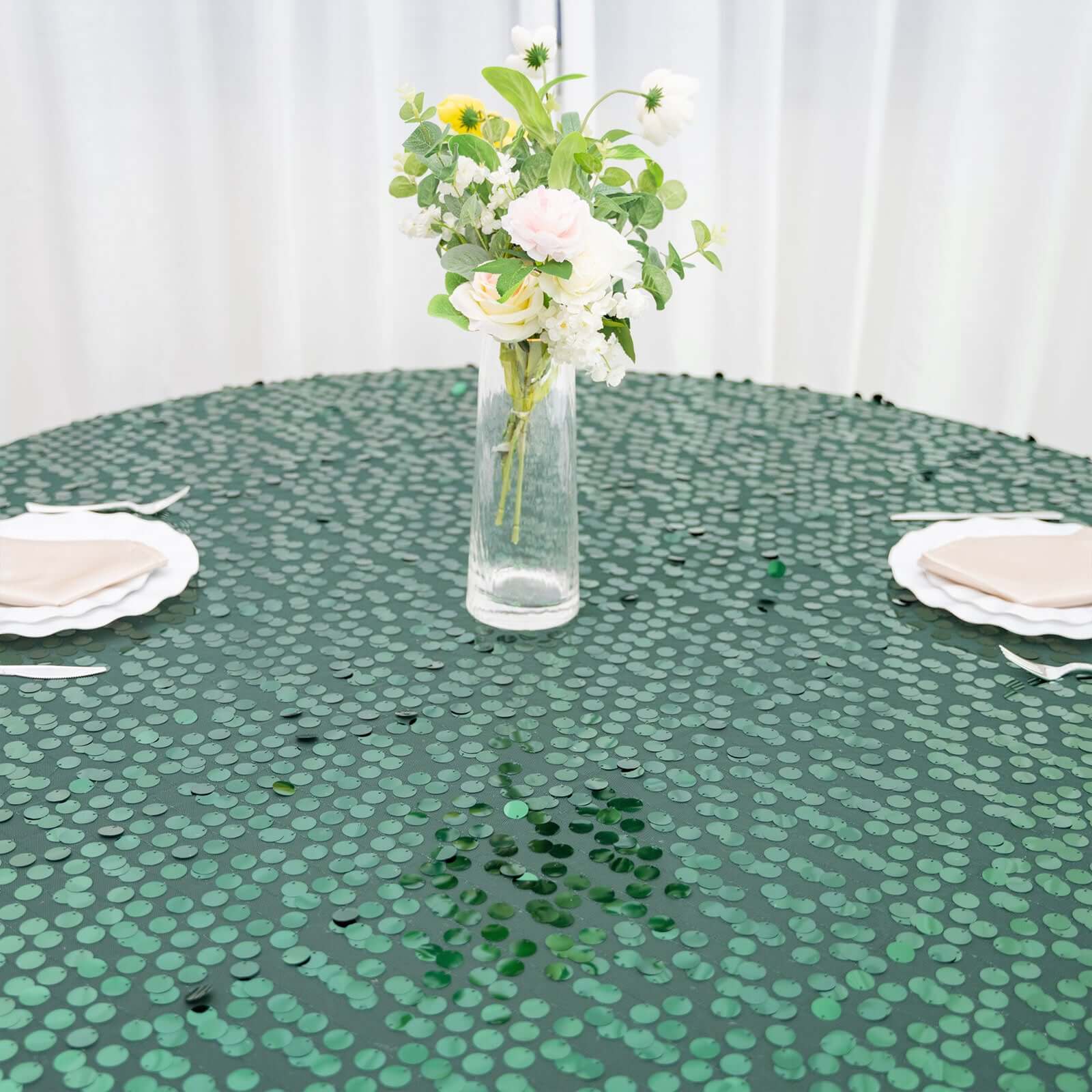 Sequin 120 Round Tablecloth Hunter Emerald Green - Seamless Big Payette Table Cover