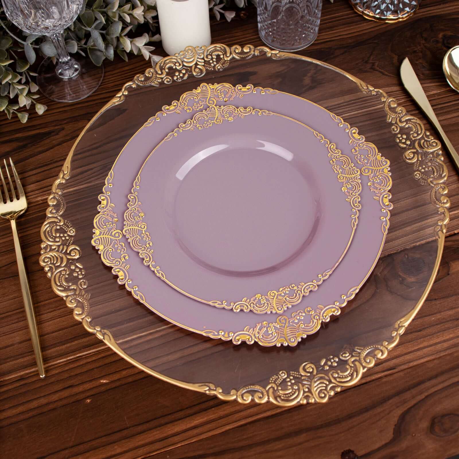 10-Pack Plastic 10 Round Dinner Plates in Lavender Lilac with Gold Leaf Embossed Rim - Disposable Vintage Baroque Style Plates