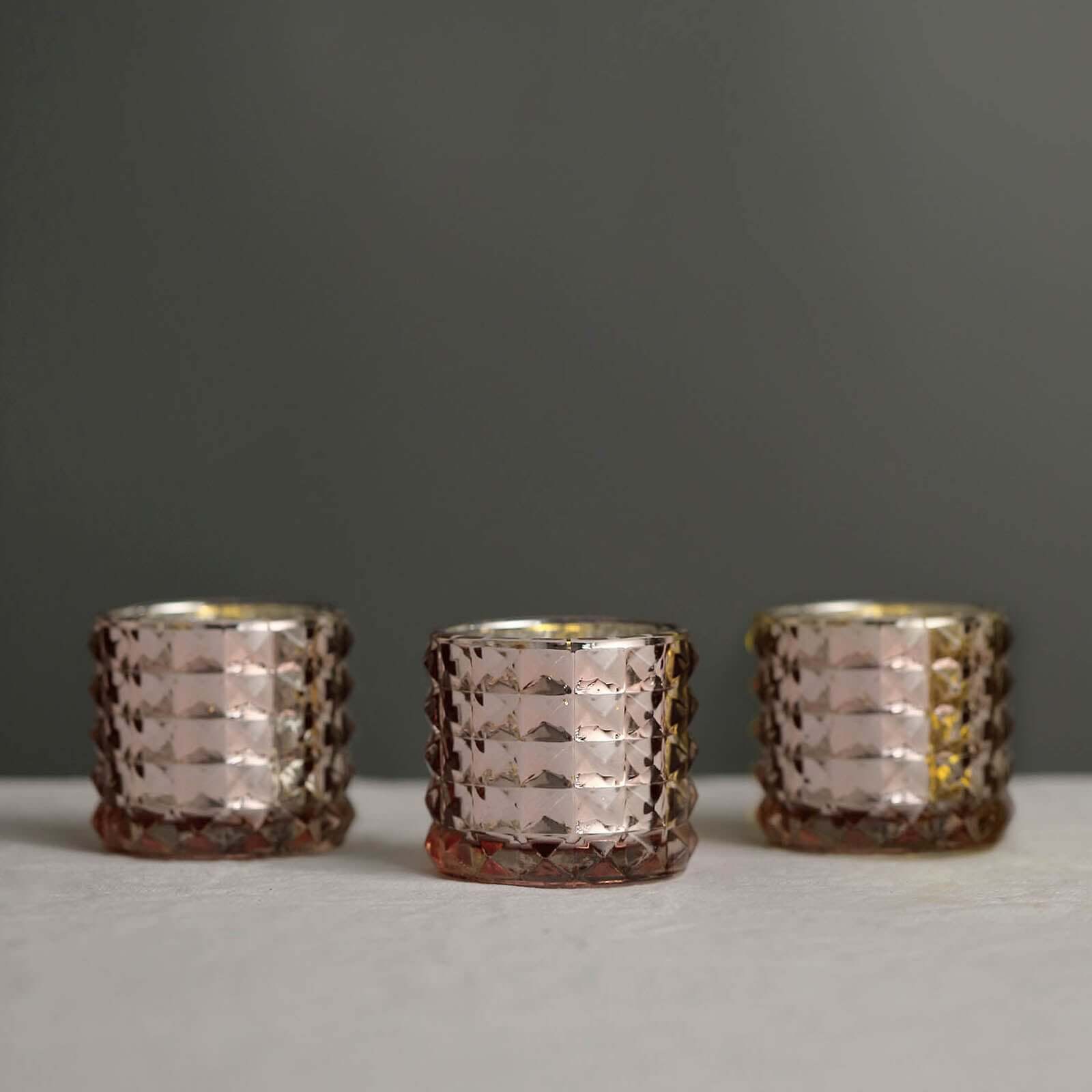 6-Pack Mercury Glass Votive Holders Studded Faceted Design Rose Gold - Tealight Candle Holders 3