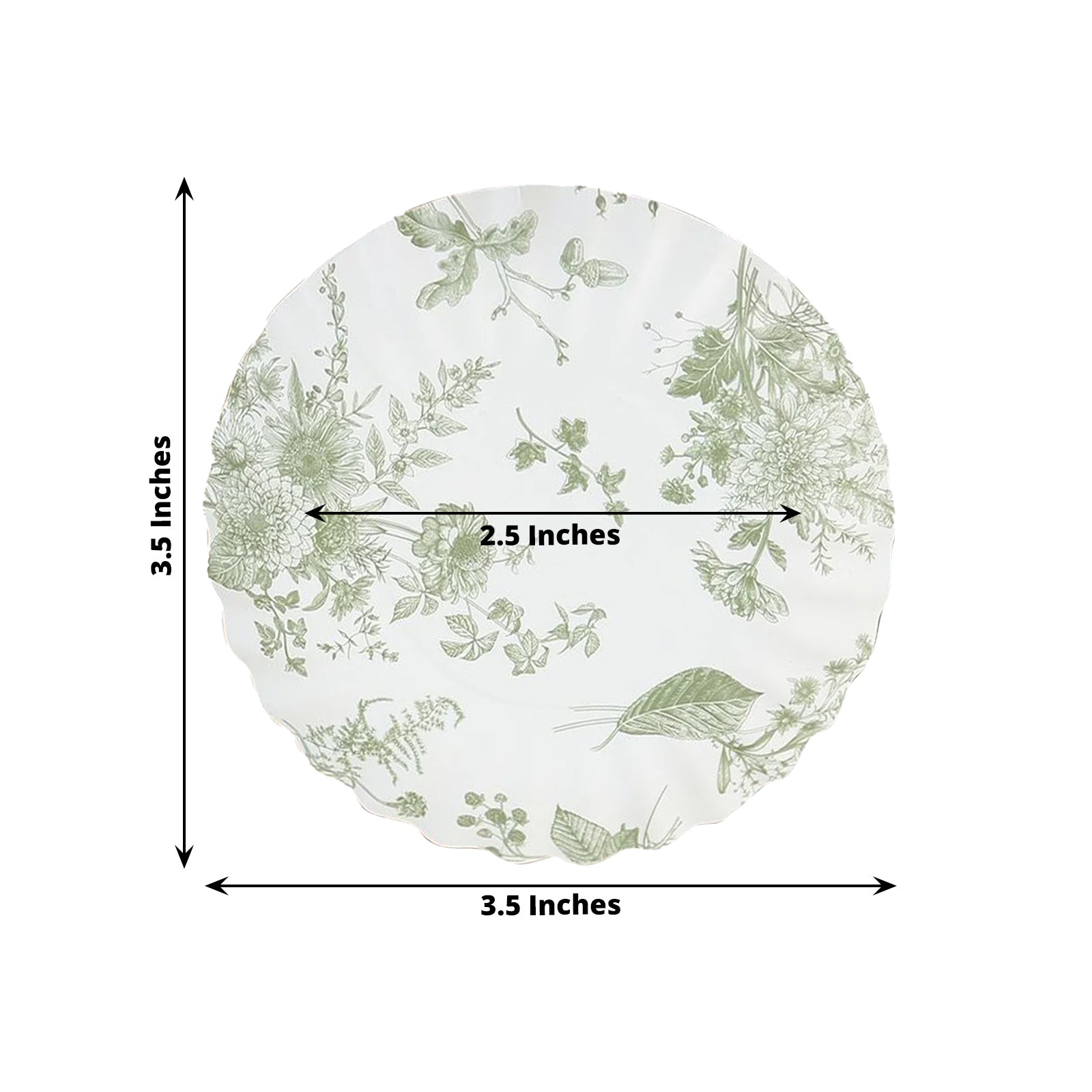 100-Pack Paper 3.5 Round Plates in White with Sage Green French Toile Design & Scalloped Rim - Disposable Mini 250GSM Dessert Party Plates for Tapas, Appetizers & Finger Foods