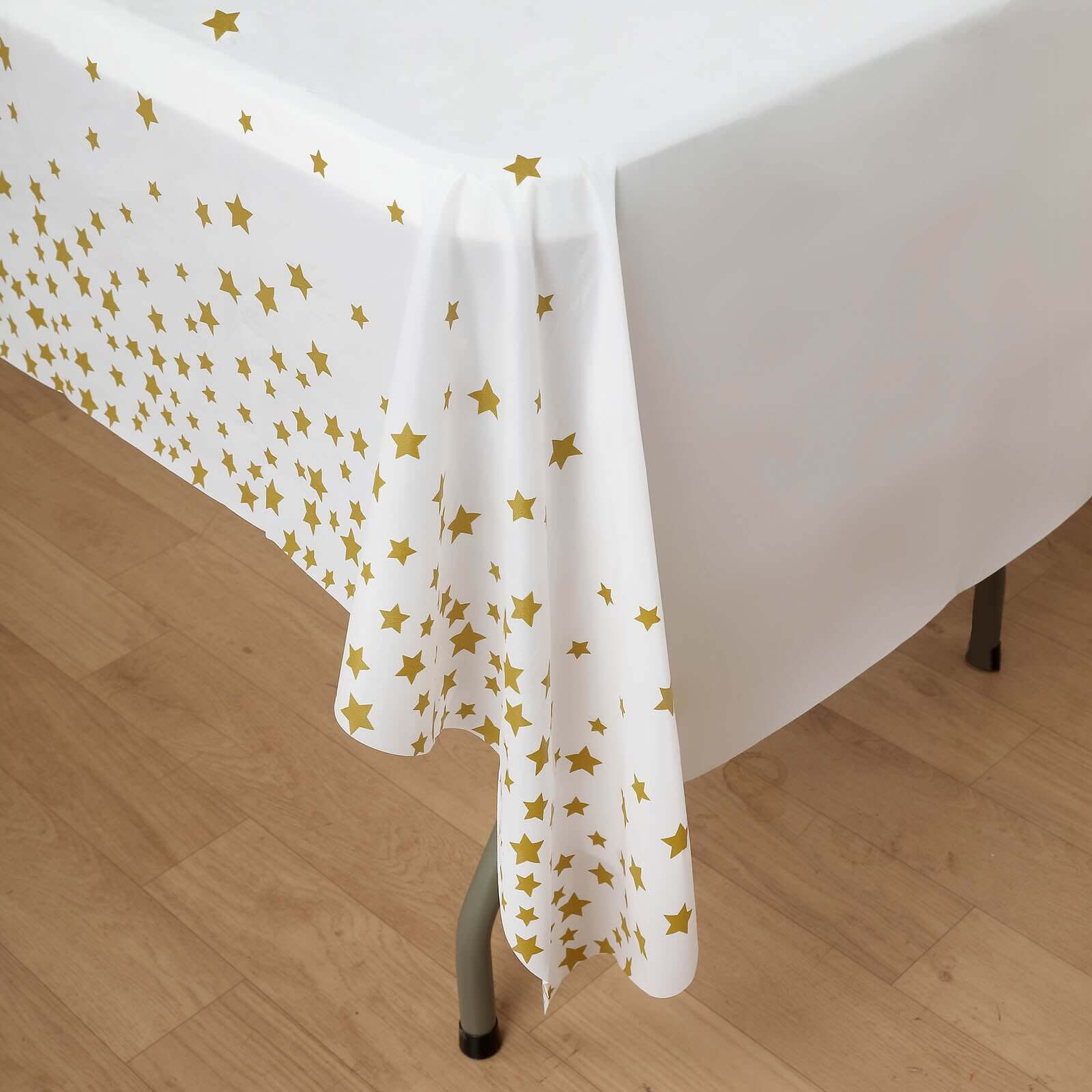 5-Pack Plastic Table Covers White Rectangle with Gold Stars - Decorative PVC Disposable Tablecloths 54x108