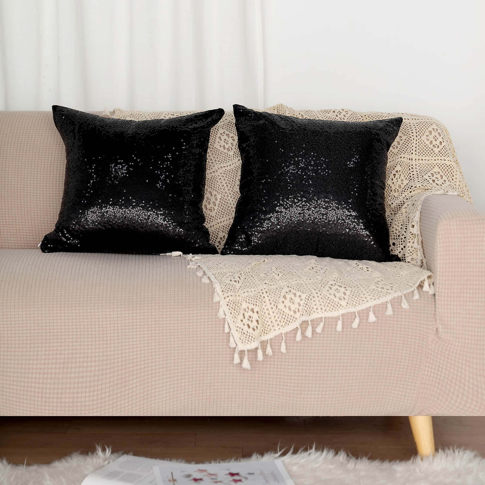 2 Pack 18x18 Sequin Throw Pillow Cover, Decorative Cushion Case - Square Black Sequin