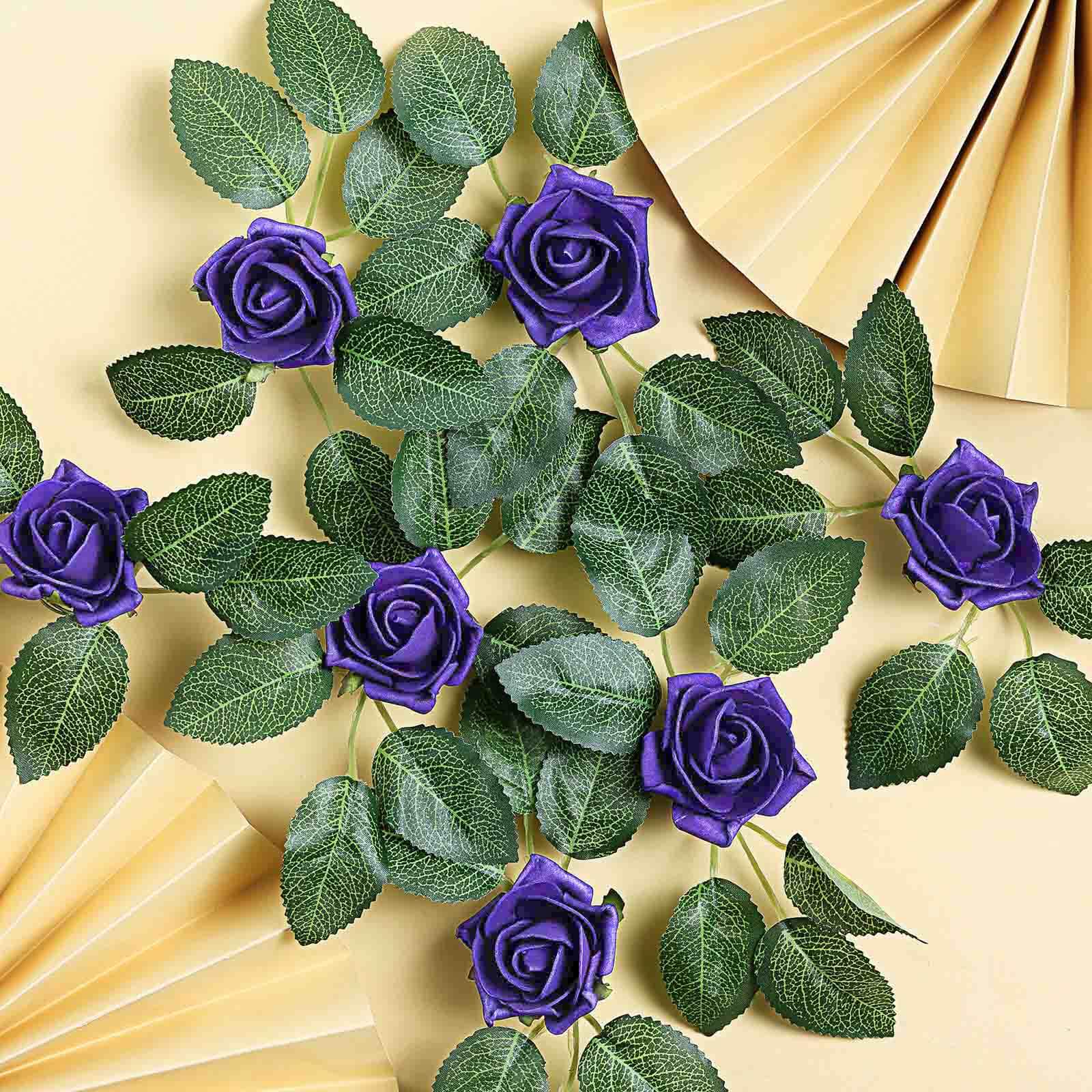 24 Roses 2 Purple Artificial Foam Flowers With Stem Wire and Leaves