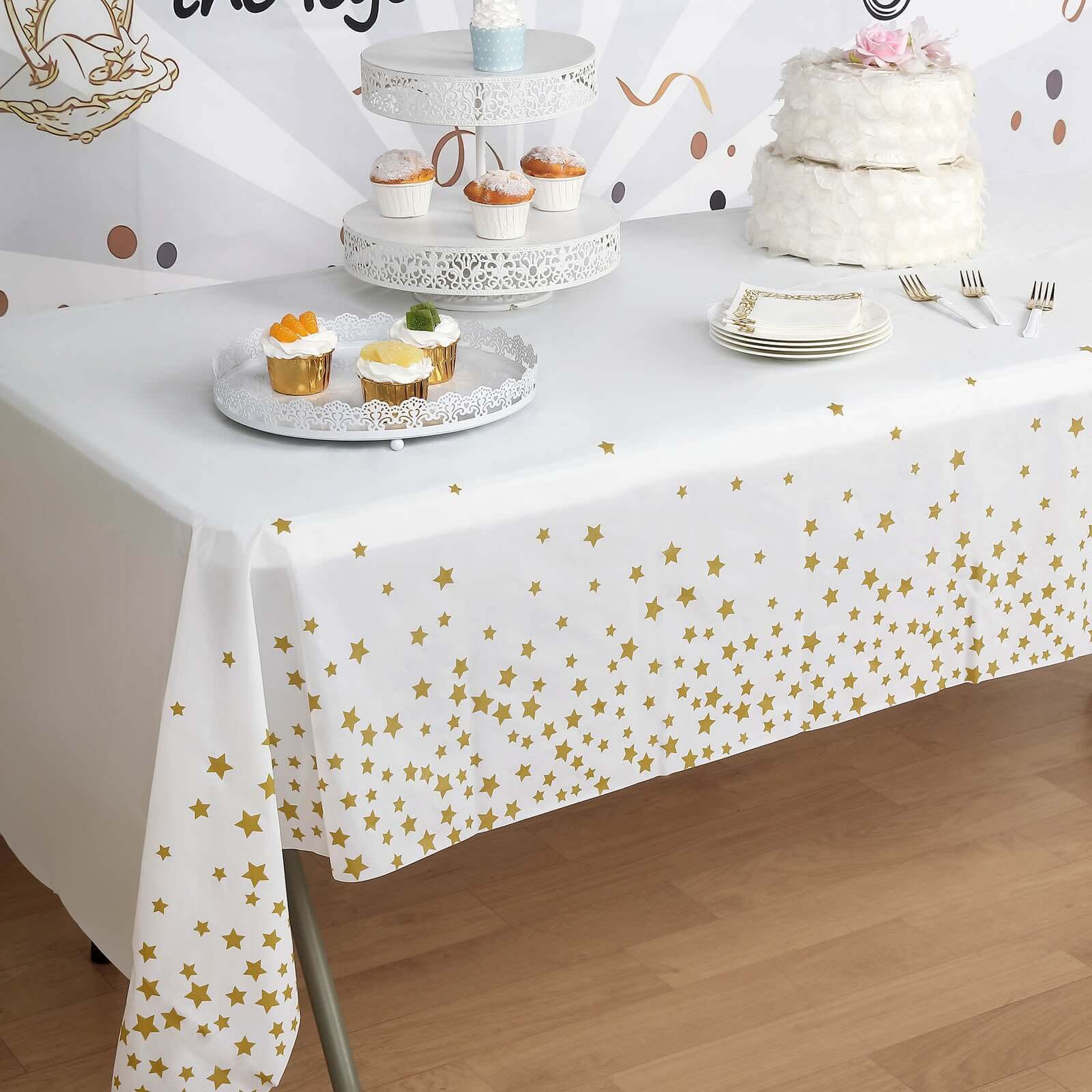 5-Pack Plastic Table Covers White Rectangle with Gold Stars - Decorative PVC Disposable Tablecloths 54x108