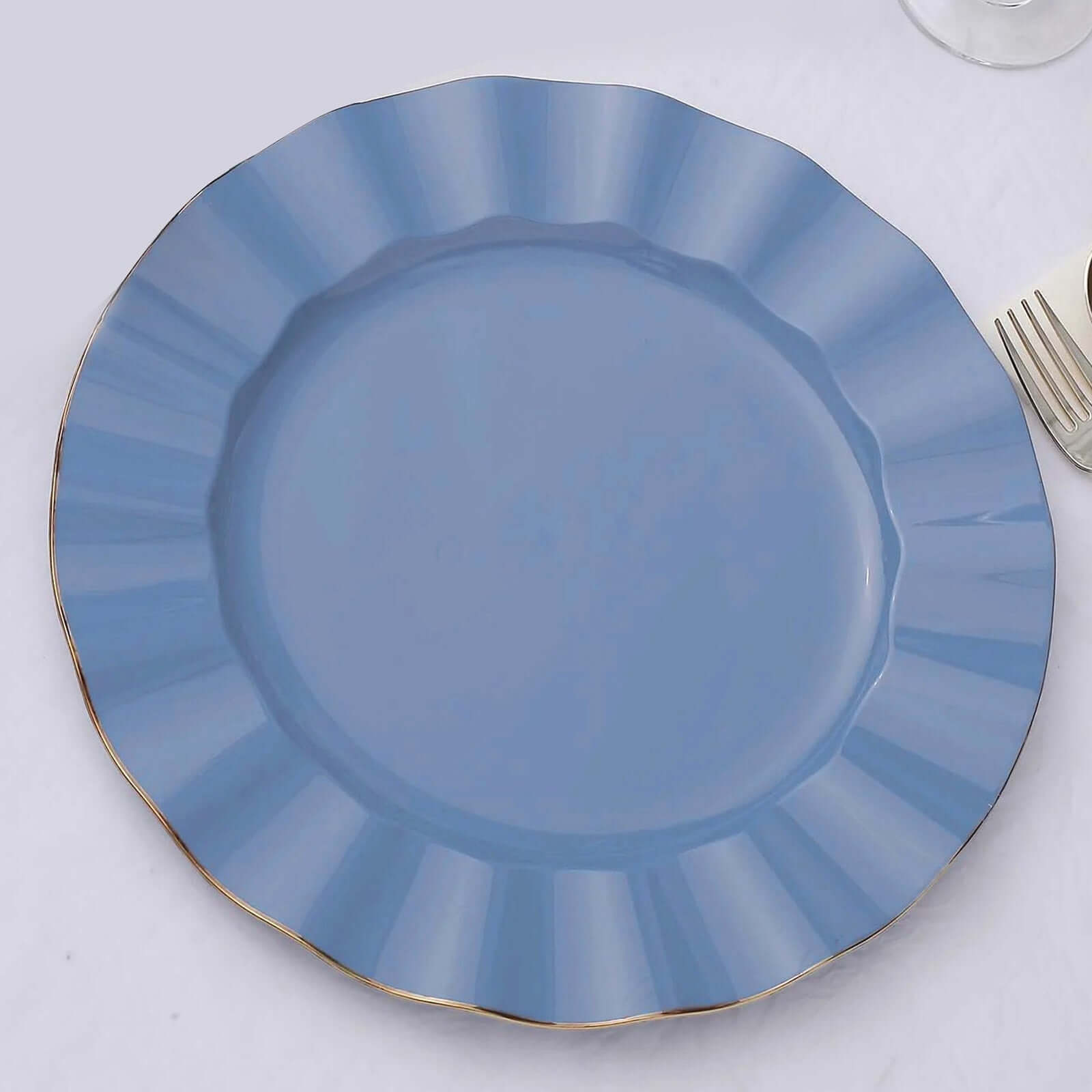 10-Pack Plastic 11 Round Dinner Plates in Ocean Blue Ruffled Rim with Gold Edging - Sturdy Disposable Dinnerware