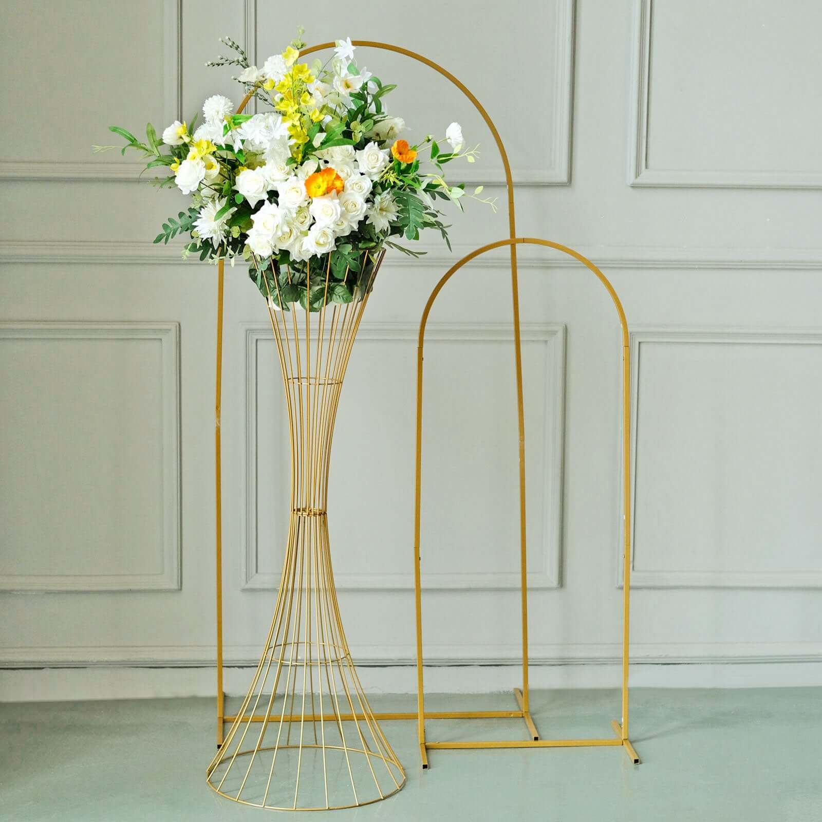 48 Tall Gold Metal Wire Hourglass Flower Frame Stand, Open Frame Reversible Trumpet Centerpiece Stand