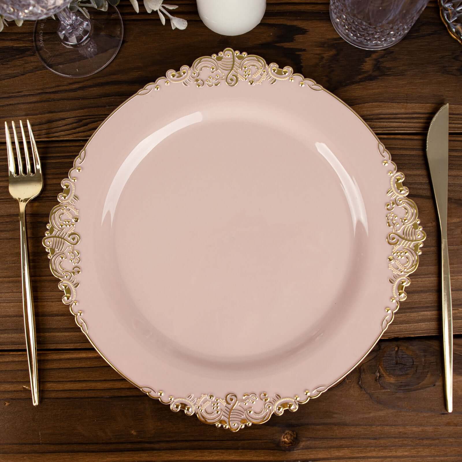 10-Pack Plastic 10 Round Dinner Plates in Blush with Gold Leaf Embossed Rim - Disposable Vintage Baroque Style Plates