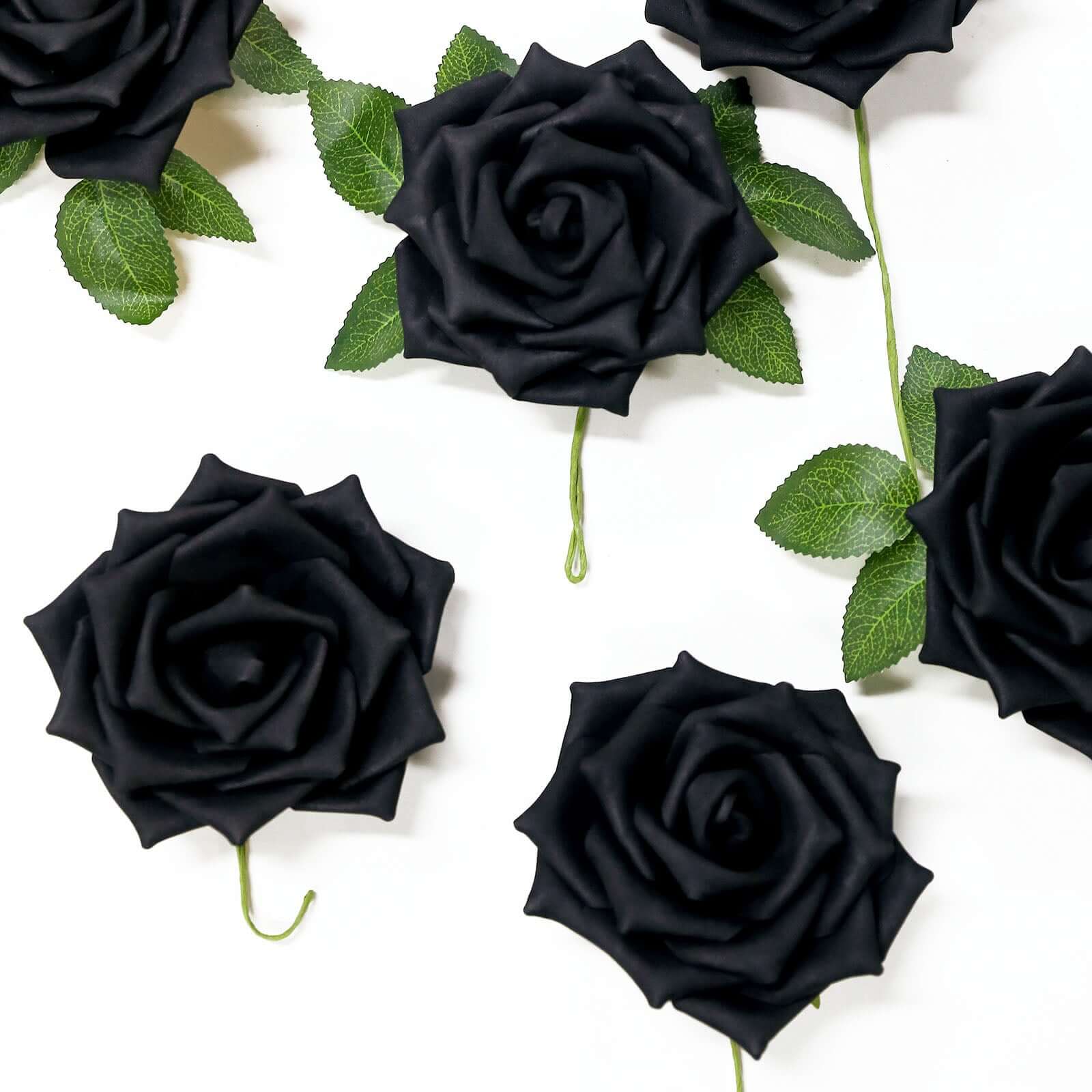 24 Roses 5 Black Artificial Foam Flowers With Stem Wire and Leaves