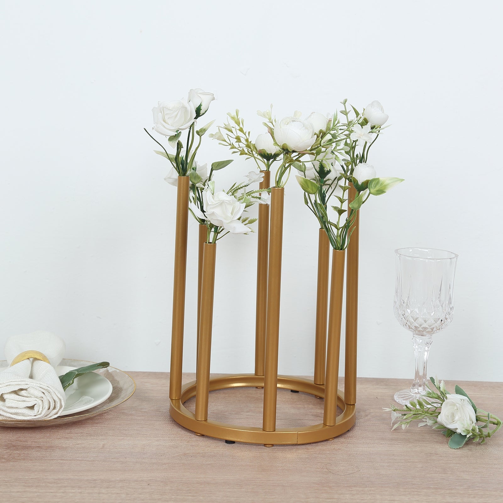 Flower Vase Gold Metal Minimalist 8-Tubes Round Base Design - Single Stem Bud Centerpiece for Arrangements 10