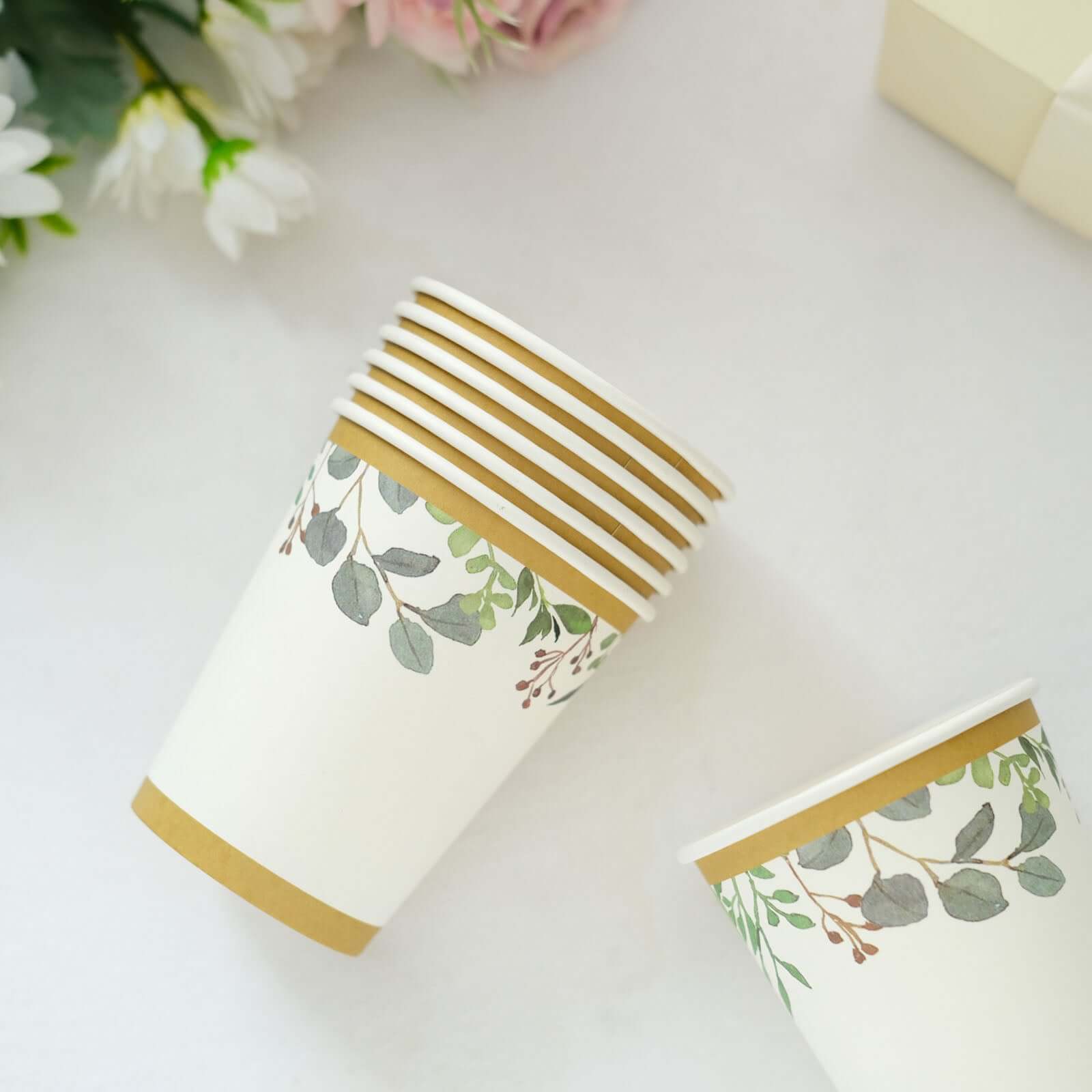 24 Pack 9oz White Tropical Greenery Gold Trim Party Paper Cups, Eucalyptus Disposable Cups With Gold Rim - 250 GSM