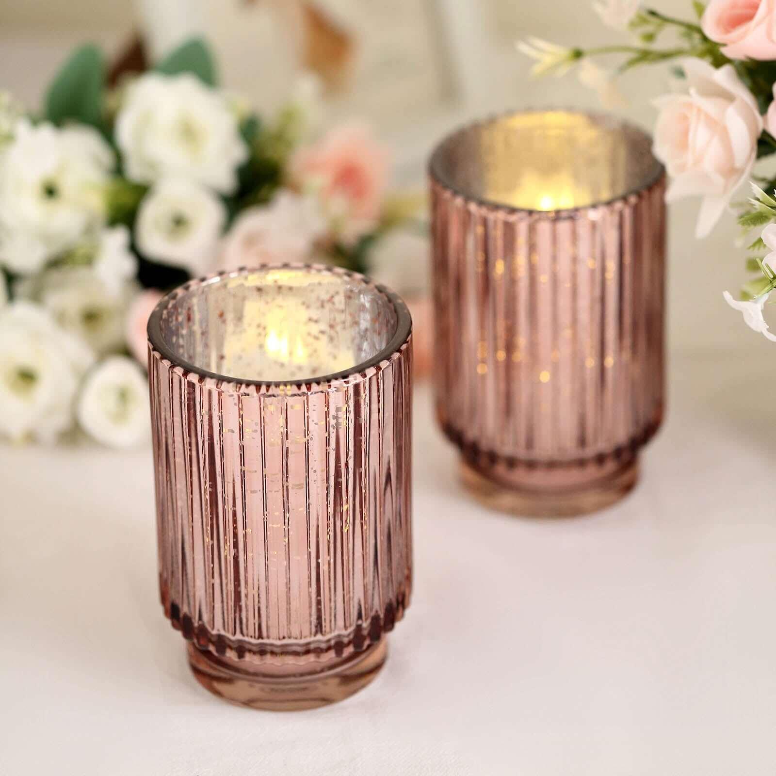 3-Pack Mercury Glass Hurricane Candle Holders Rose Gold Wavy Column Design - Votive Pillar Vase 5