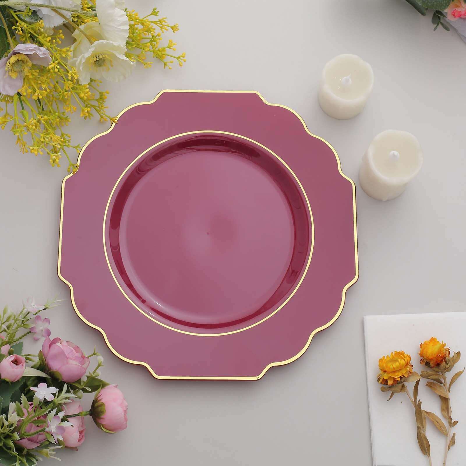 10-Pack Plastic Dinner Plates in Burgundy Baroque Design with Scalloped Gold Rim - Heavy Duty Disposable Party Plates 11