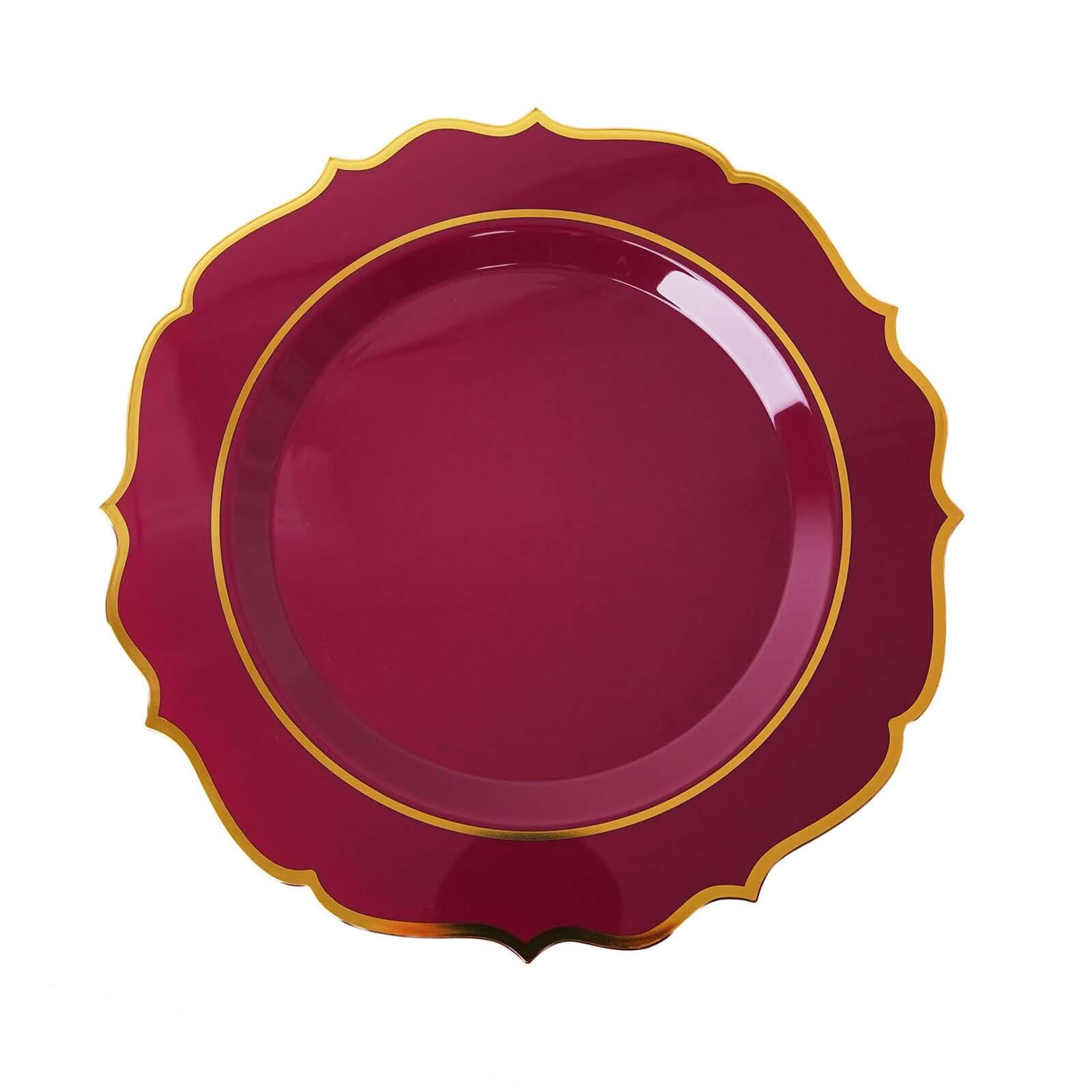 10-Pack Plastic 8 Round Desert Plates in Burgundy with Gold Scalloped Rim - Disposable Appetizer/Salad Plates